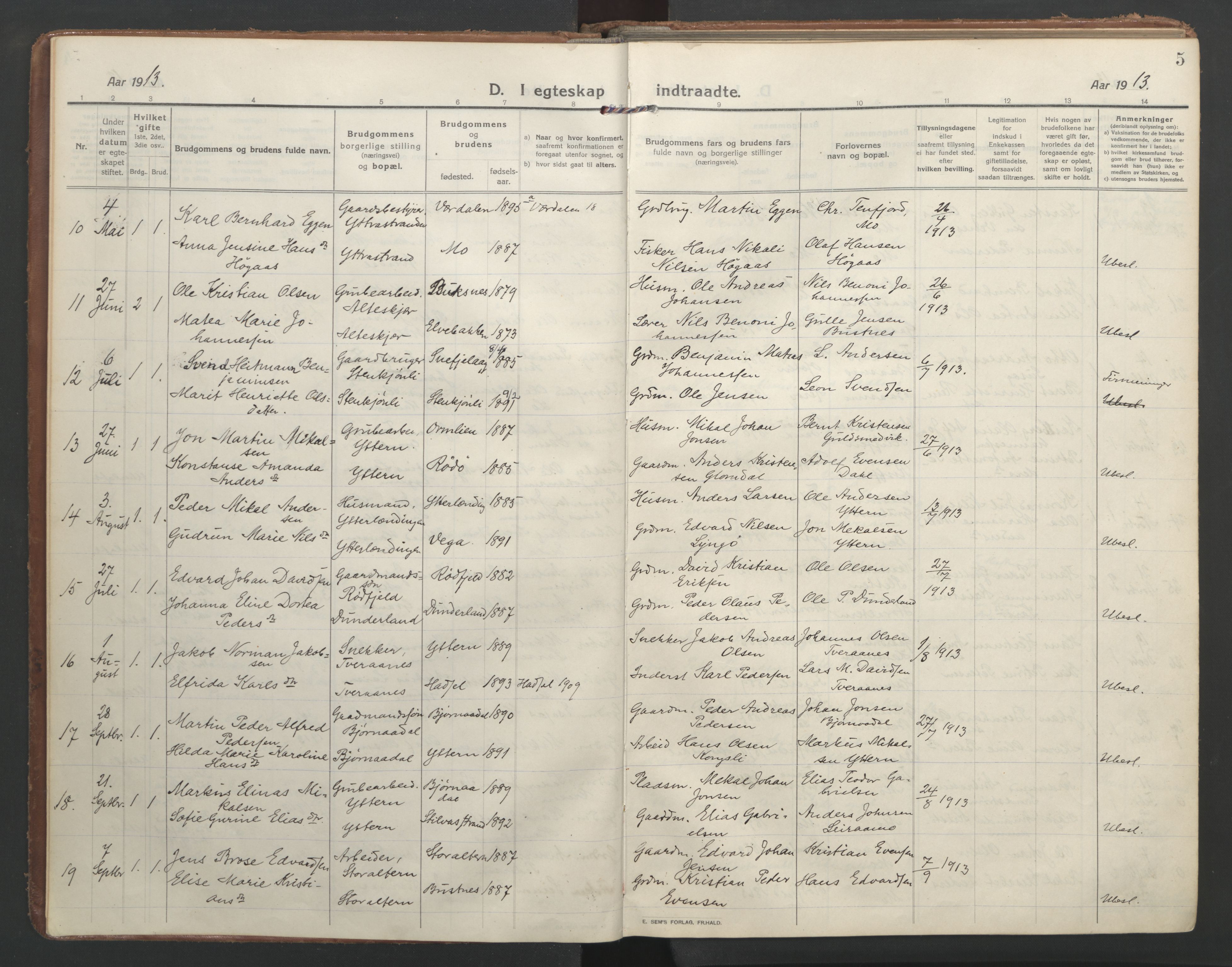 Ministerialprotokoller, klokkerbøker og fødselsregistre - Nordland, SAT/A-1459/827/L0405: Parish register (official) no. 827A17, 1912-1925, p. 5