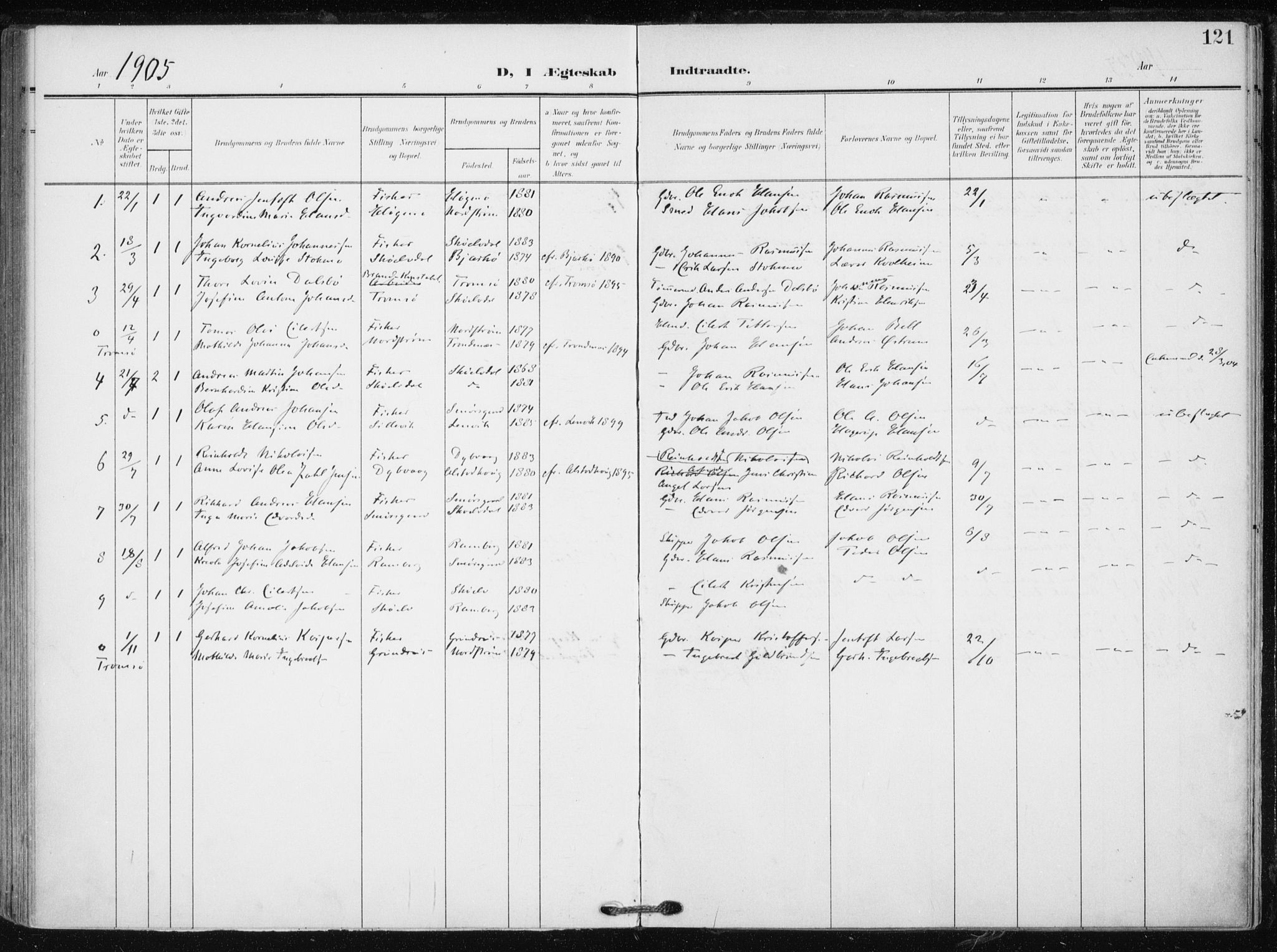 Tranøy sokneprestkontor, AV/SATØ-S-1313/I/Ia/Iaa/L0012kirke: Parish register (official) no. 12, 1905-1918, p. 121