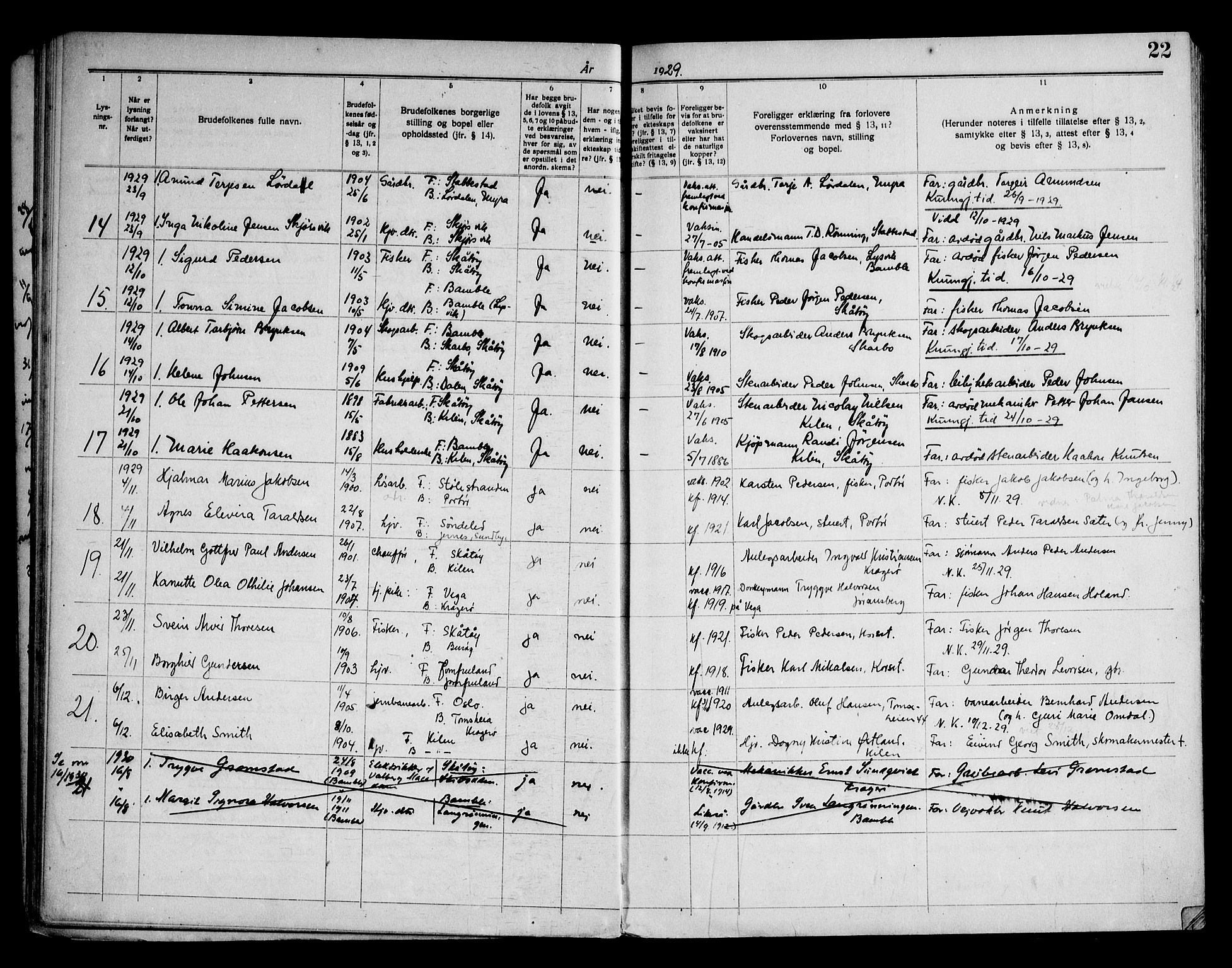 Skåtøy kirkebøker, AV/SAKO-A-304/H/Ha/L0001: Banns register no. 1, 1919-1961, p. 22