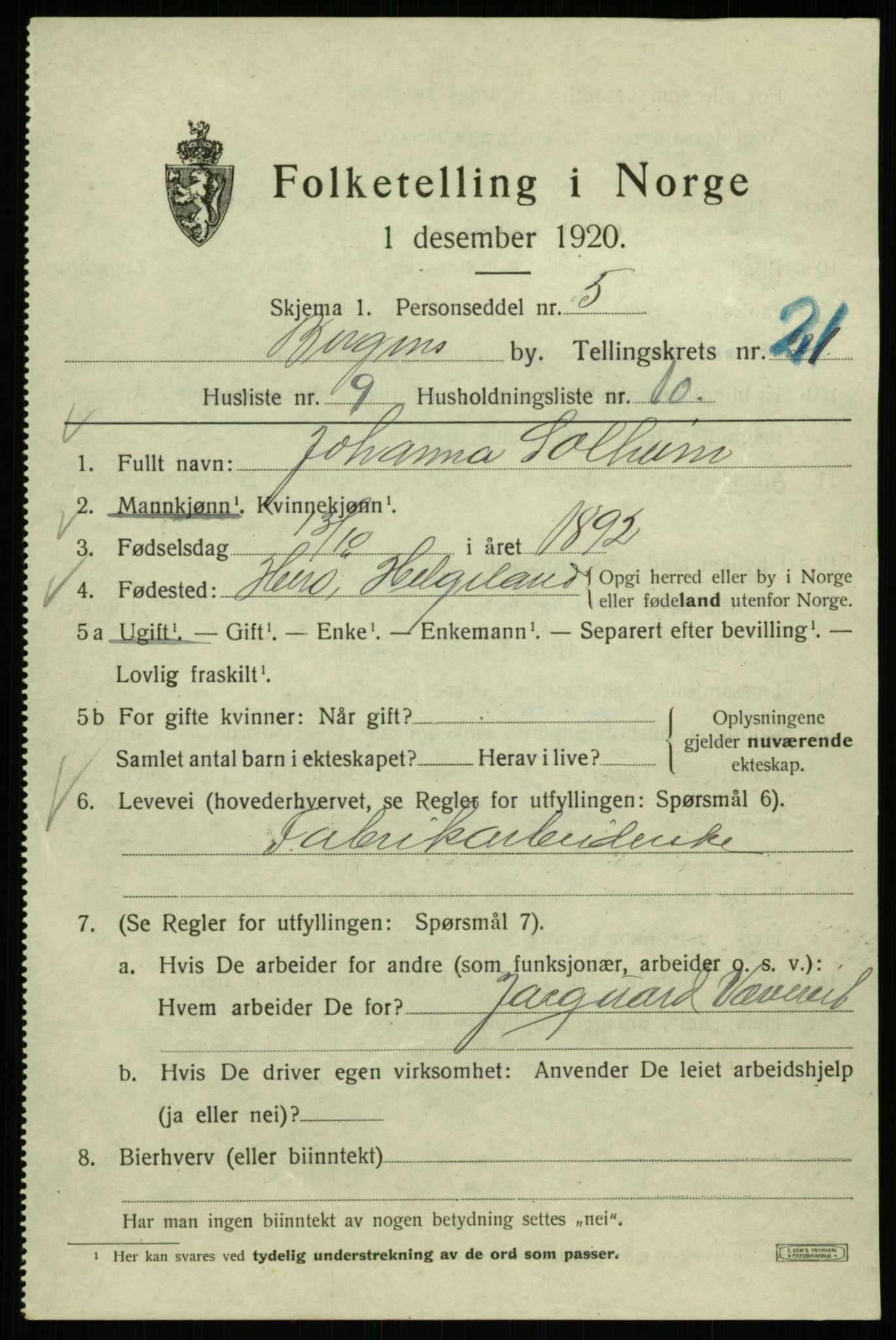 SAB, 1920 census for Bergen, 1920, p. 85053