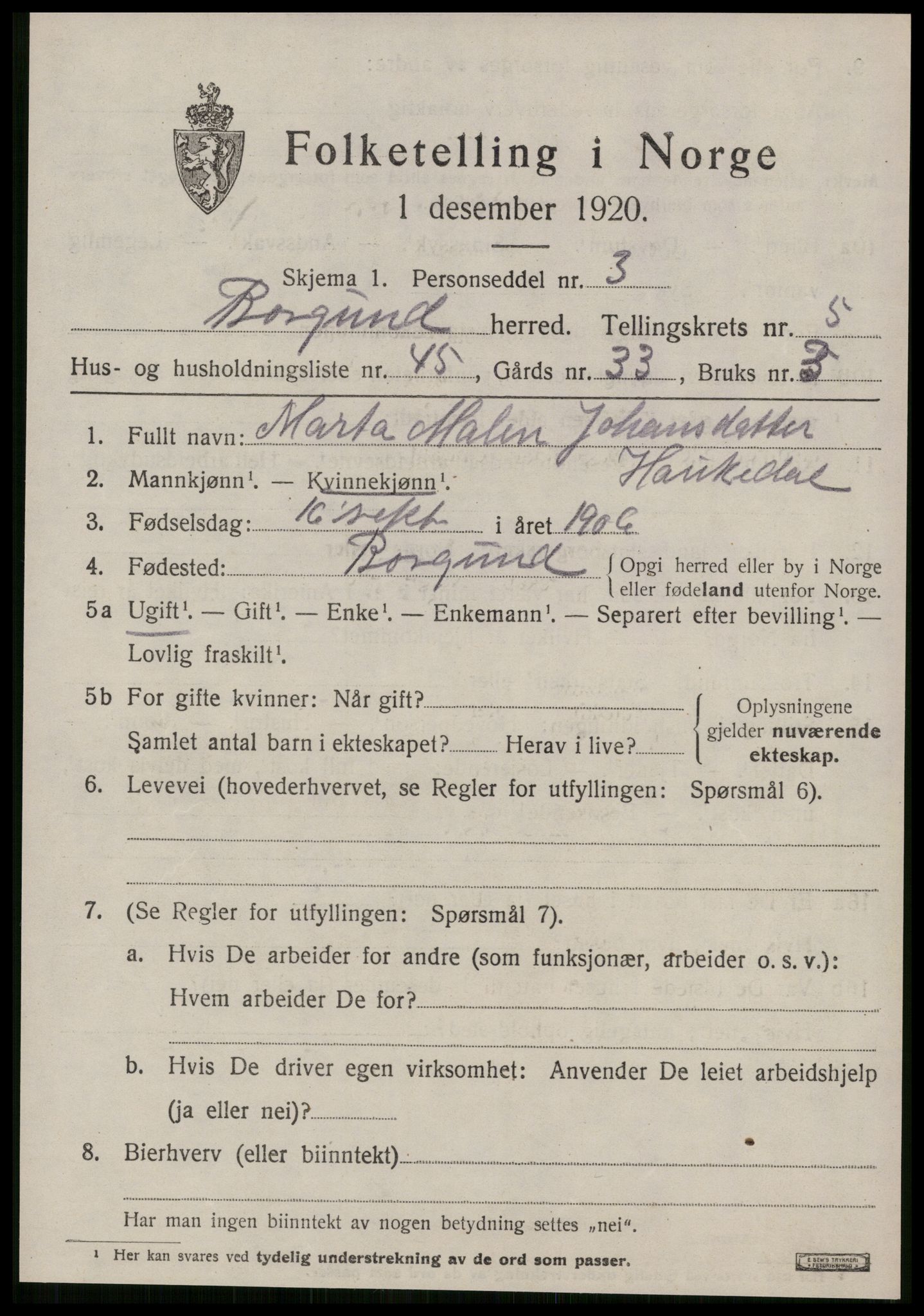 SAT, 1920 census for Borgund, 1920, p. 5102