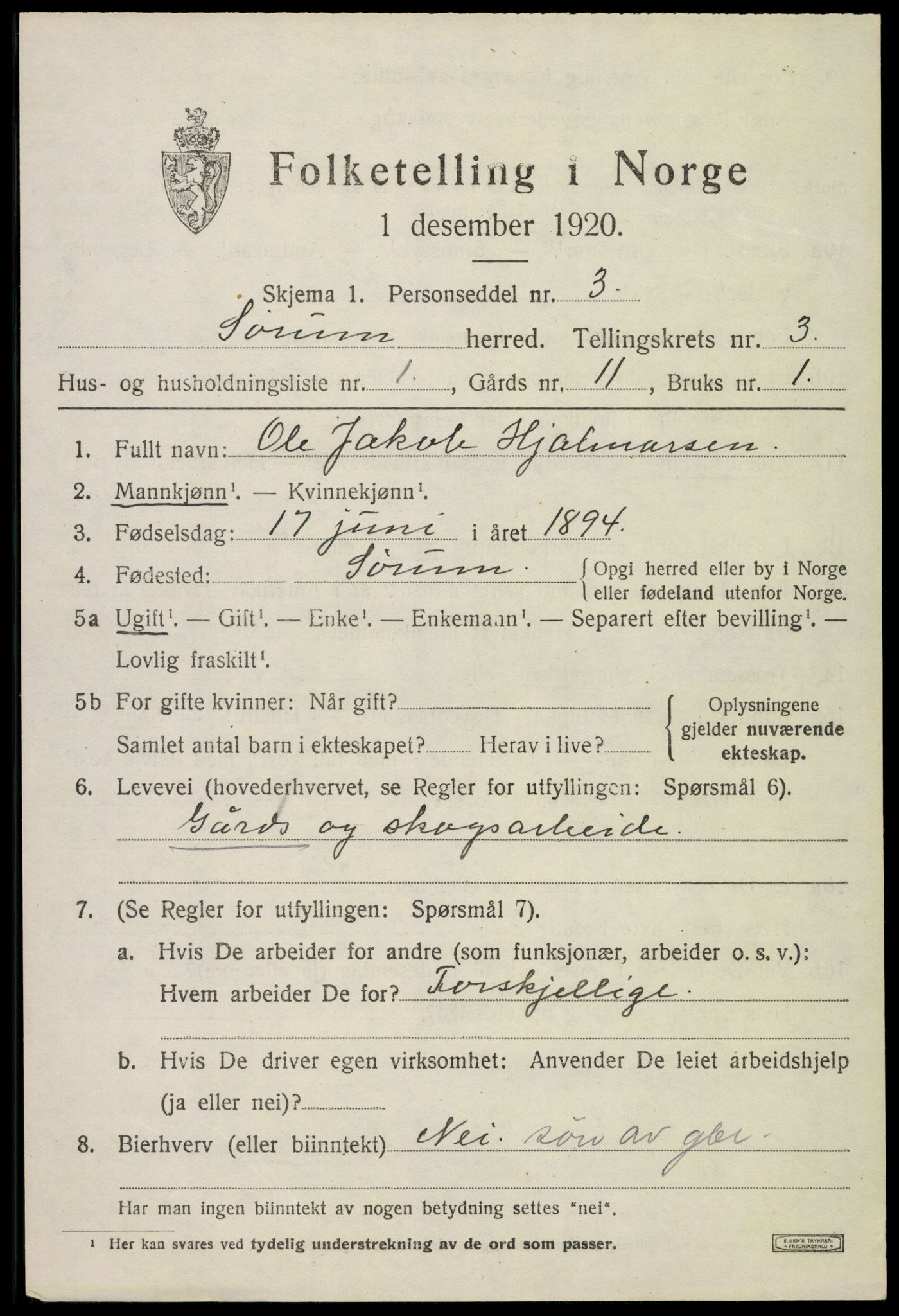 SAO, 1920 census for Sørum, 1920, p. 2197