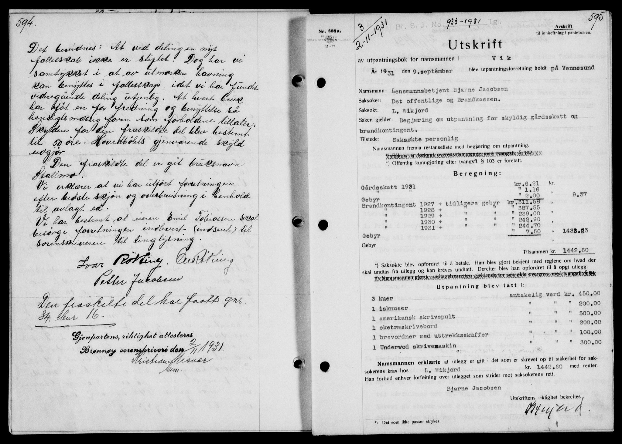 Brønnøy sorenskriveri, AV/SAT-A-4170/1/2/2C/L0009: Mortgage book no. 9, 1931-1932, p. 594-595, Deed date: 02.11.1931