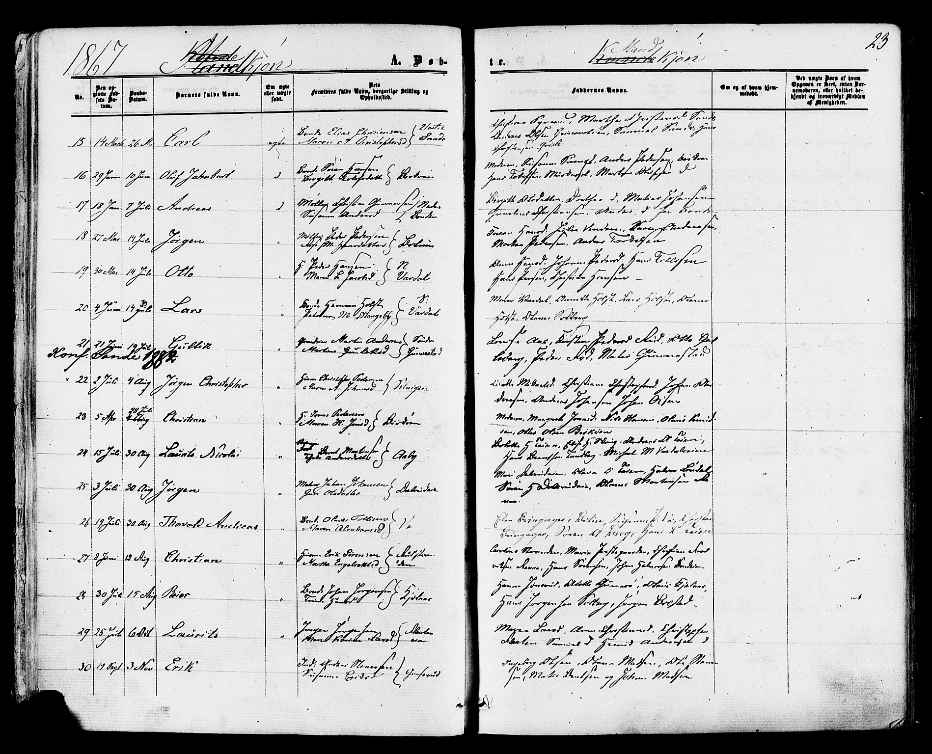Sande Kirkebøker, AV/SAKO-A-53/F/Fa/L0005: Parish register (official) no. 5, 1865-1877, p. 23