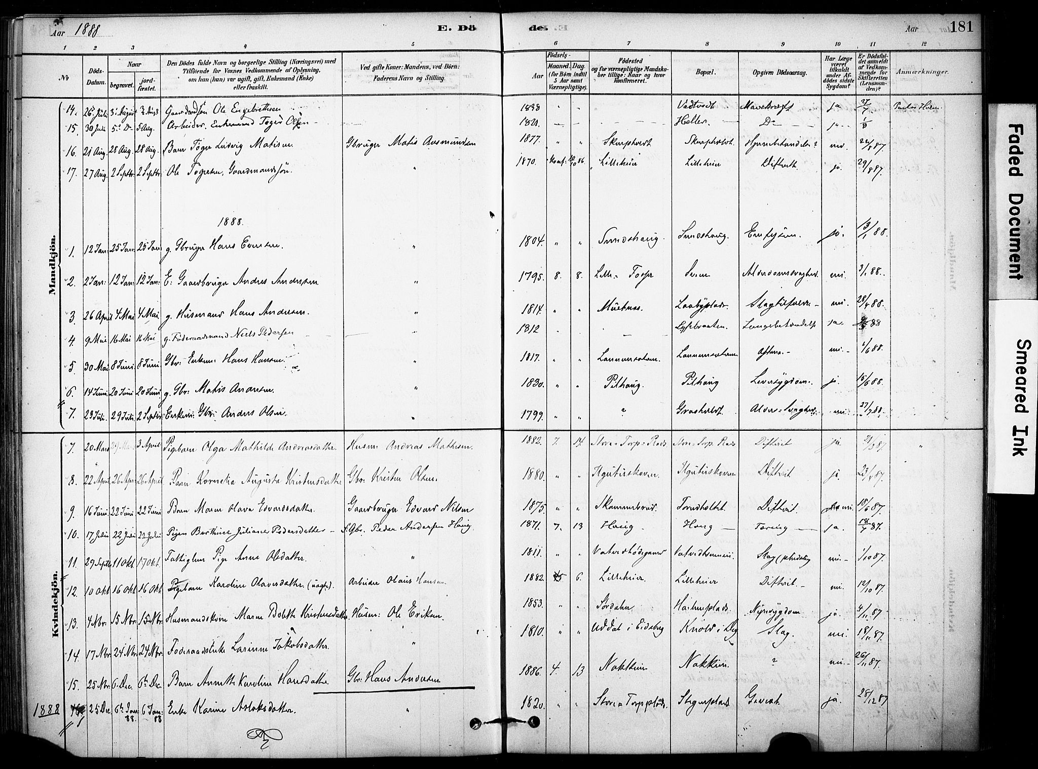 Rakkestad prestekontor Kirkebøker, AV/SAO-A-2008/F/Fb/L0001: Parish register (official) no. II 1, 1878-1899, p. 181