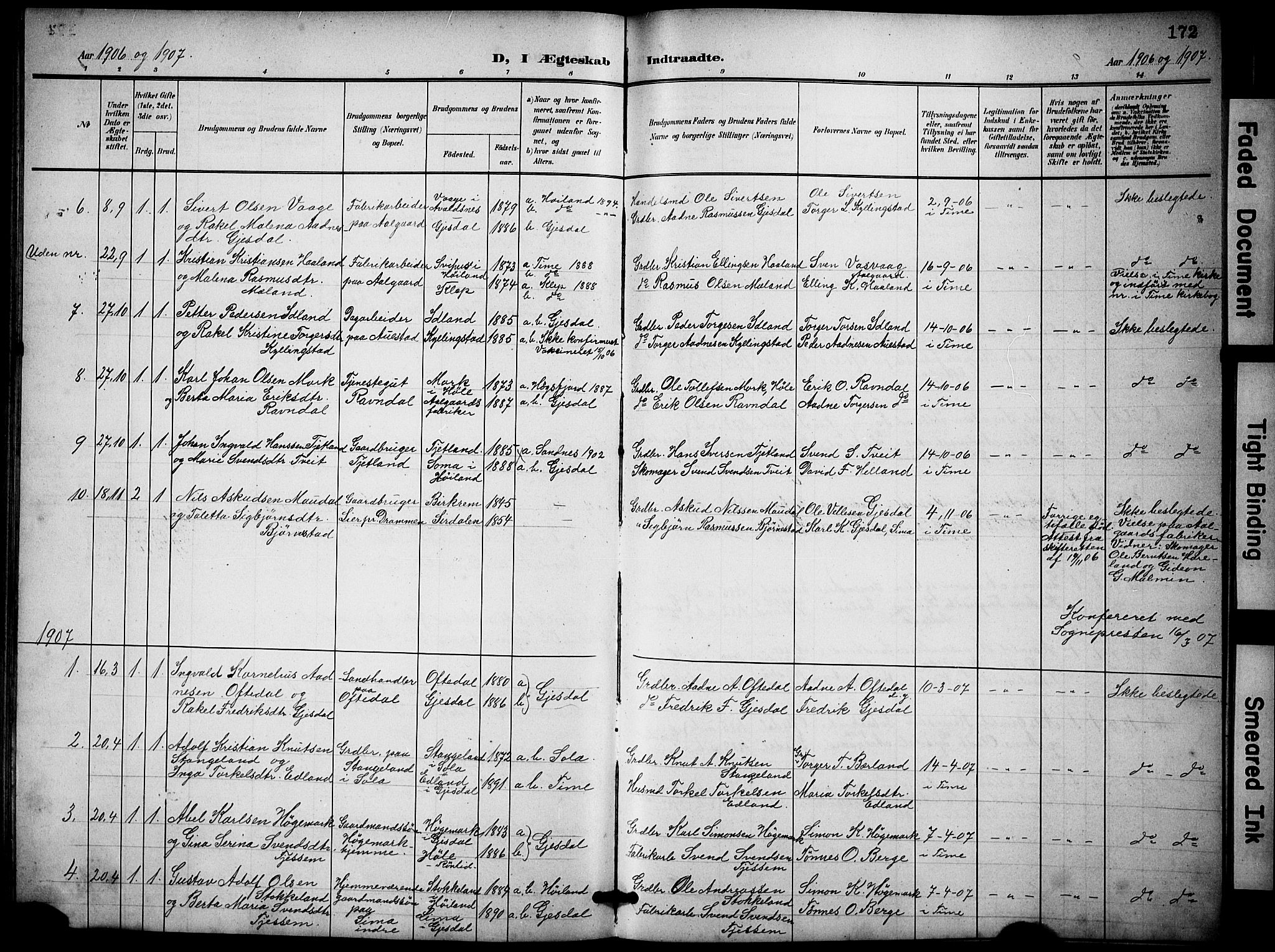 Lye sokneprestkontor, SAST/A-101794/001/30BB/L0009: Parish register (copy) no. B 9, 1902-1923, p. 172