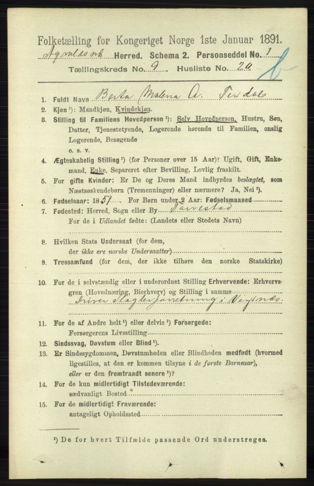 RA, 1891 census for 1147 Avaldsnes, 1891, p. 5212