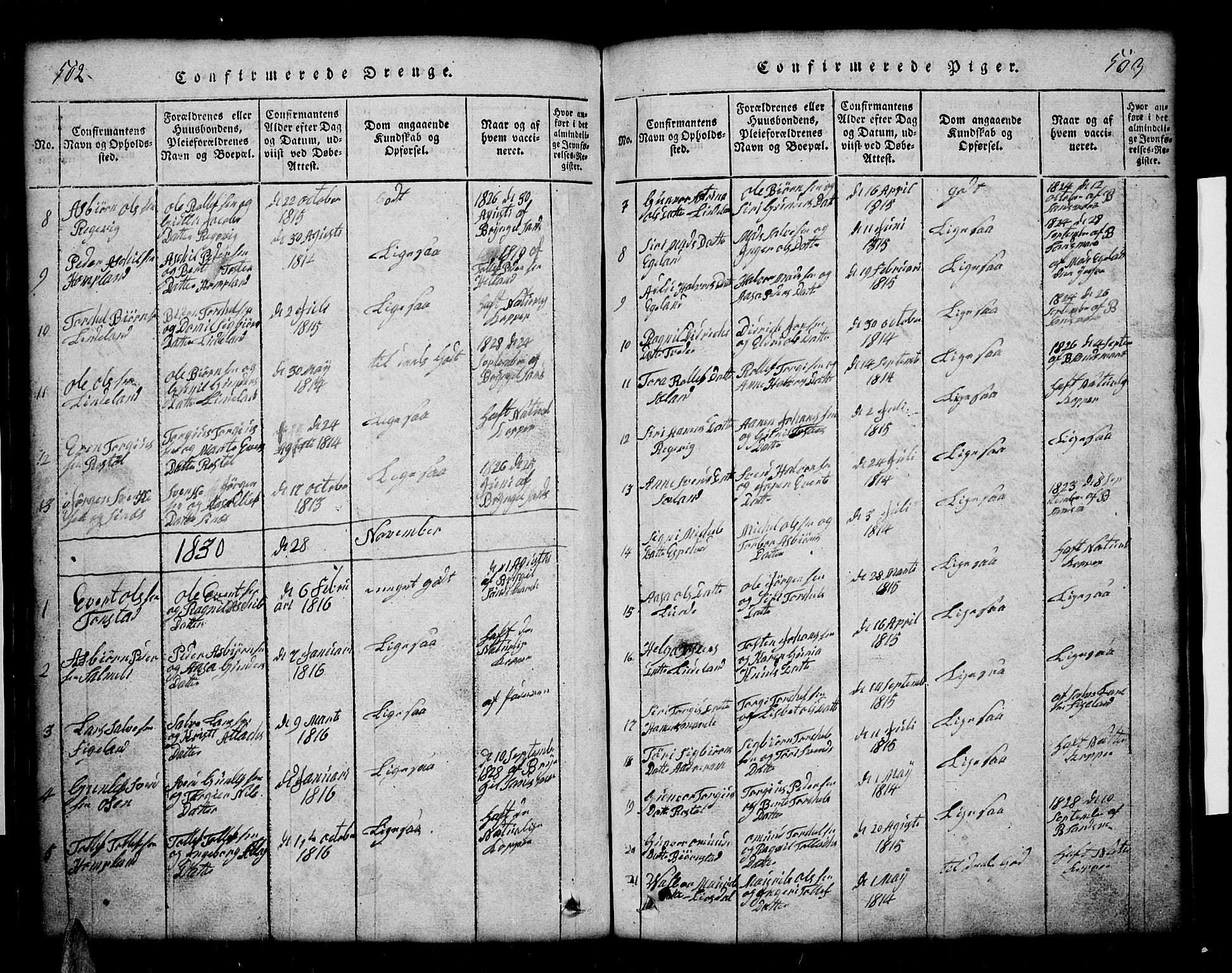 Sirdal sokneprestkontor, SAK/1111-0036/F/Fb/Fbb/L0001: Parish register (copy) no. B 1, 1815-1834, p. 502-503