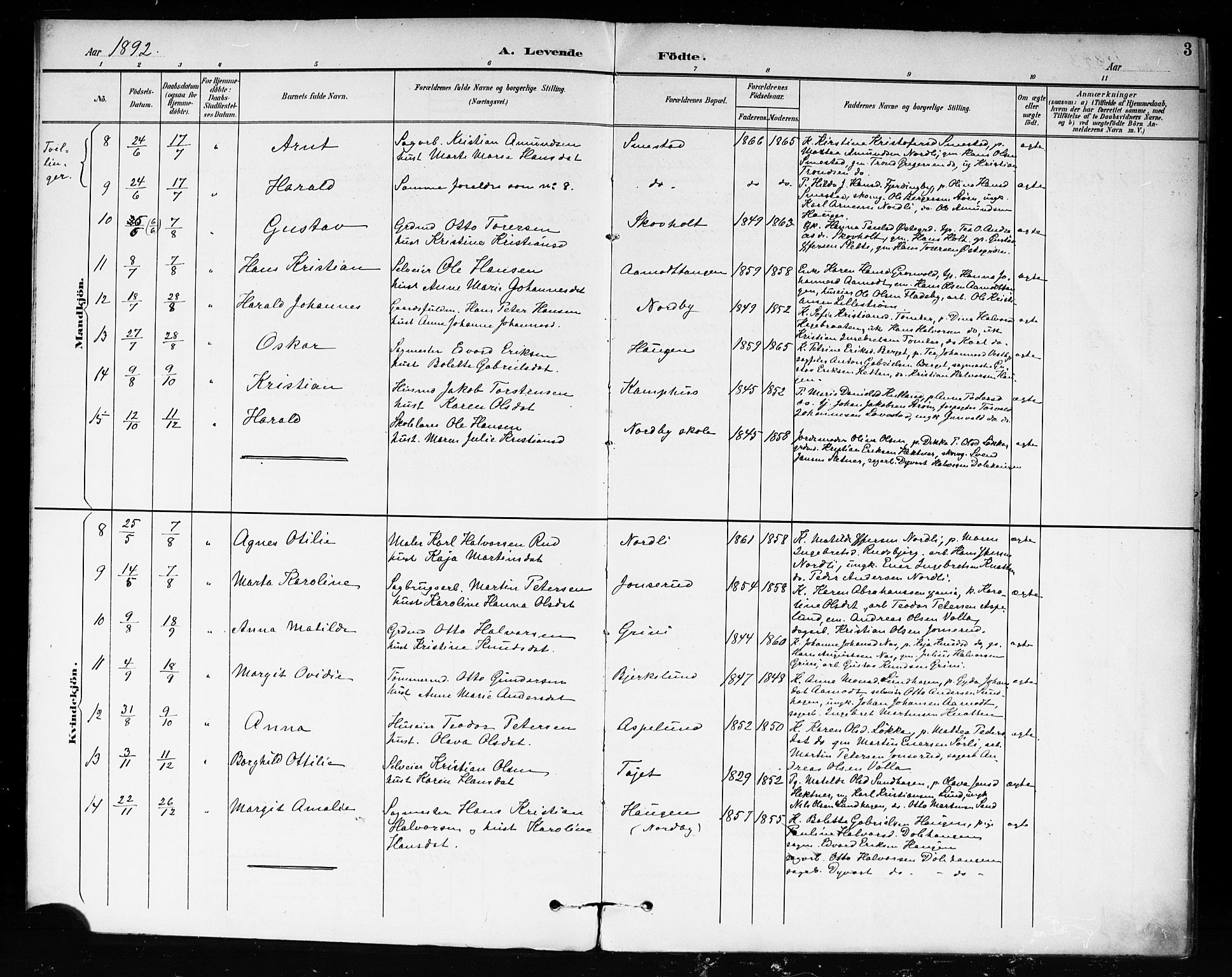 Fet prestekontor Kirkebøker, AV/SAO-A-10370a/F/Fb/L0002: Parish register (official) no. II 2, 1892-1904, p. 3