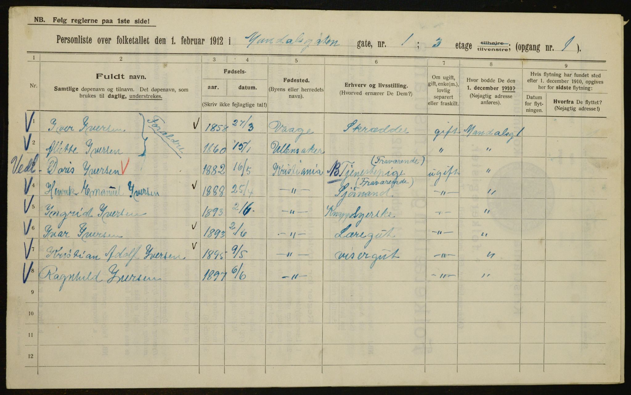 OBA, Municipal Census 1912 for Kristiania, 1912, p. 60495