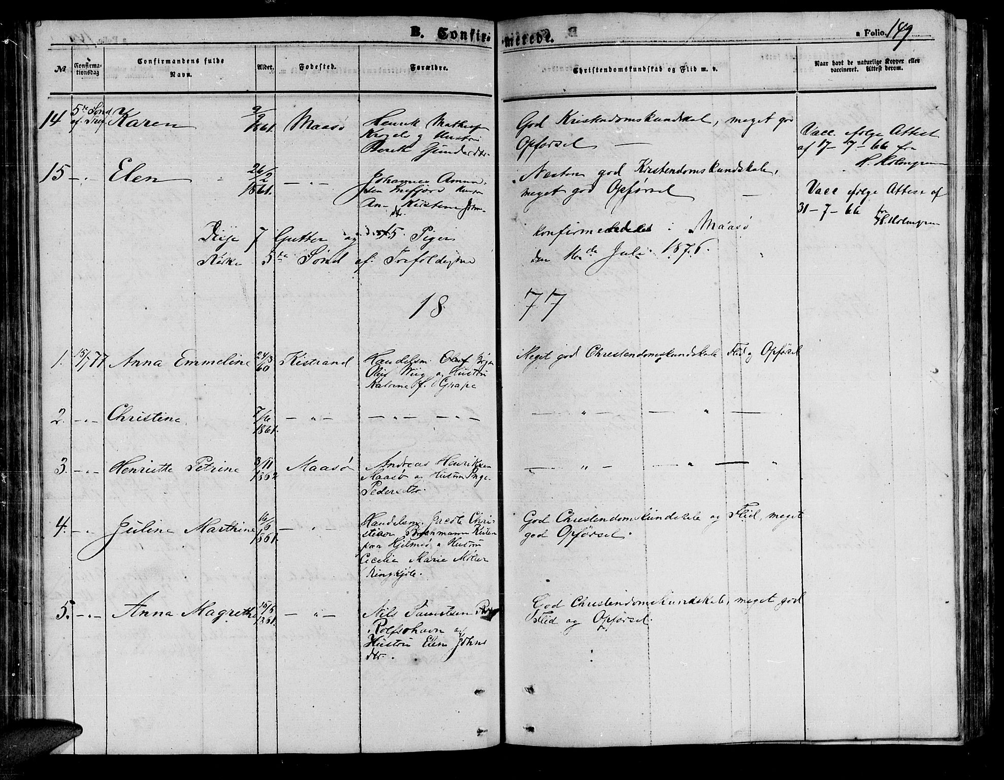 Måsøy sokneprestkontor, SATØ/S-1348/H/Hb/L0001klokker: Parish register (copy) no. 1, 1852-1877, p. 149