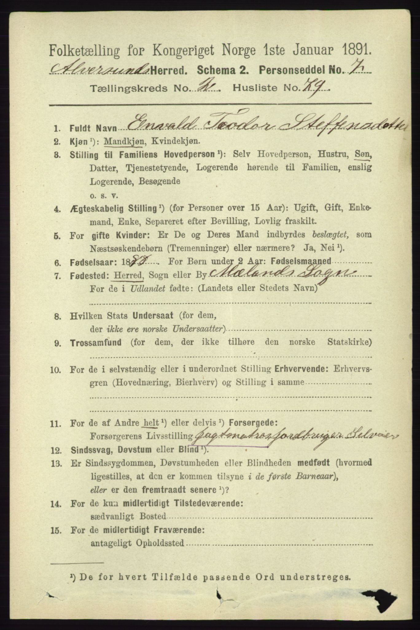 RA, 1891 census for 1257 Alversund, 1891, p. 943