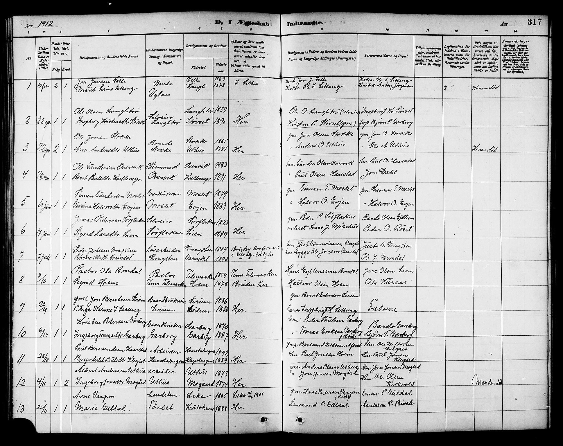 Ministerialprotokoller, klokkerbøker og fødselsregistre - Sør-Trøndelag, SAT/A-1456/695/L1157: Parish register (copy) no. 695C08, 1889-1913, p. 317