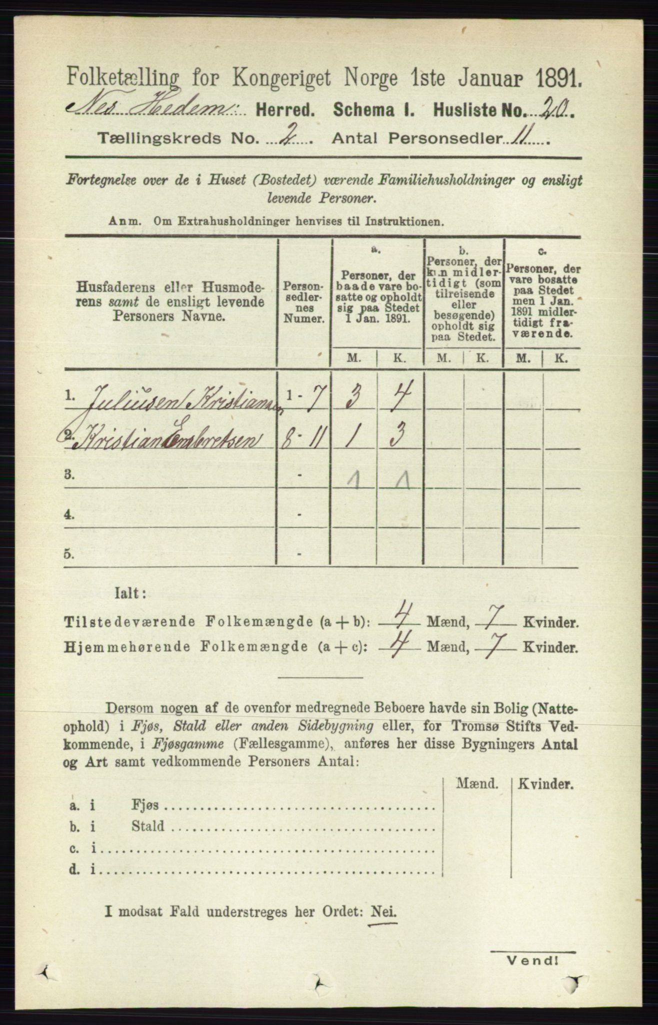 RA, 1891 census for 0411 Nes, 1891, p. 1024