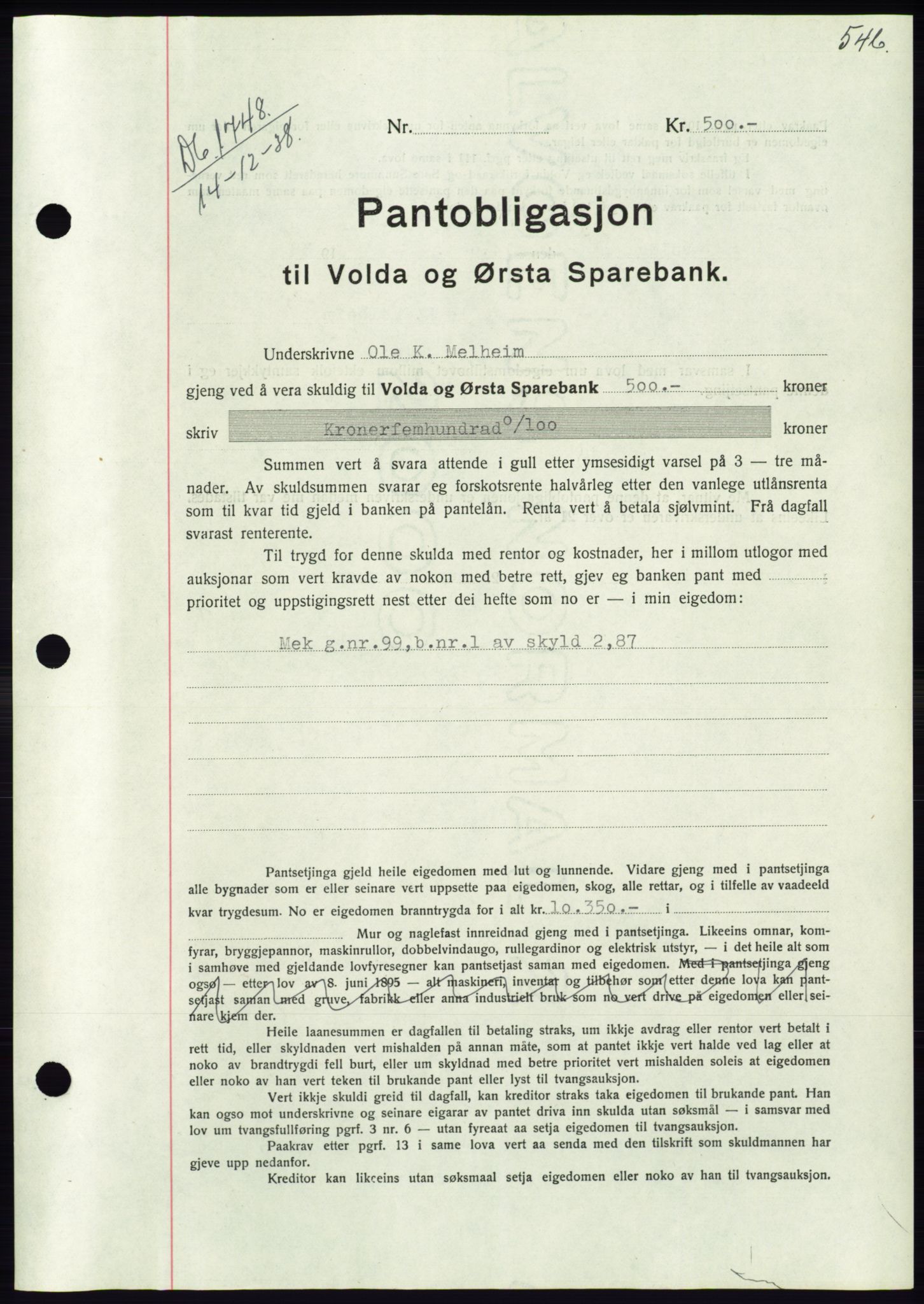 Søre Sunnmøre sorenskriveri, AV/SAT-A-4122/1/2/2C/L0066: Mortgage book no. 60, 1938-1938, Diary no: : 1748/1938