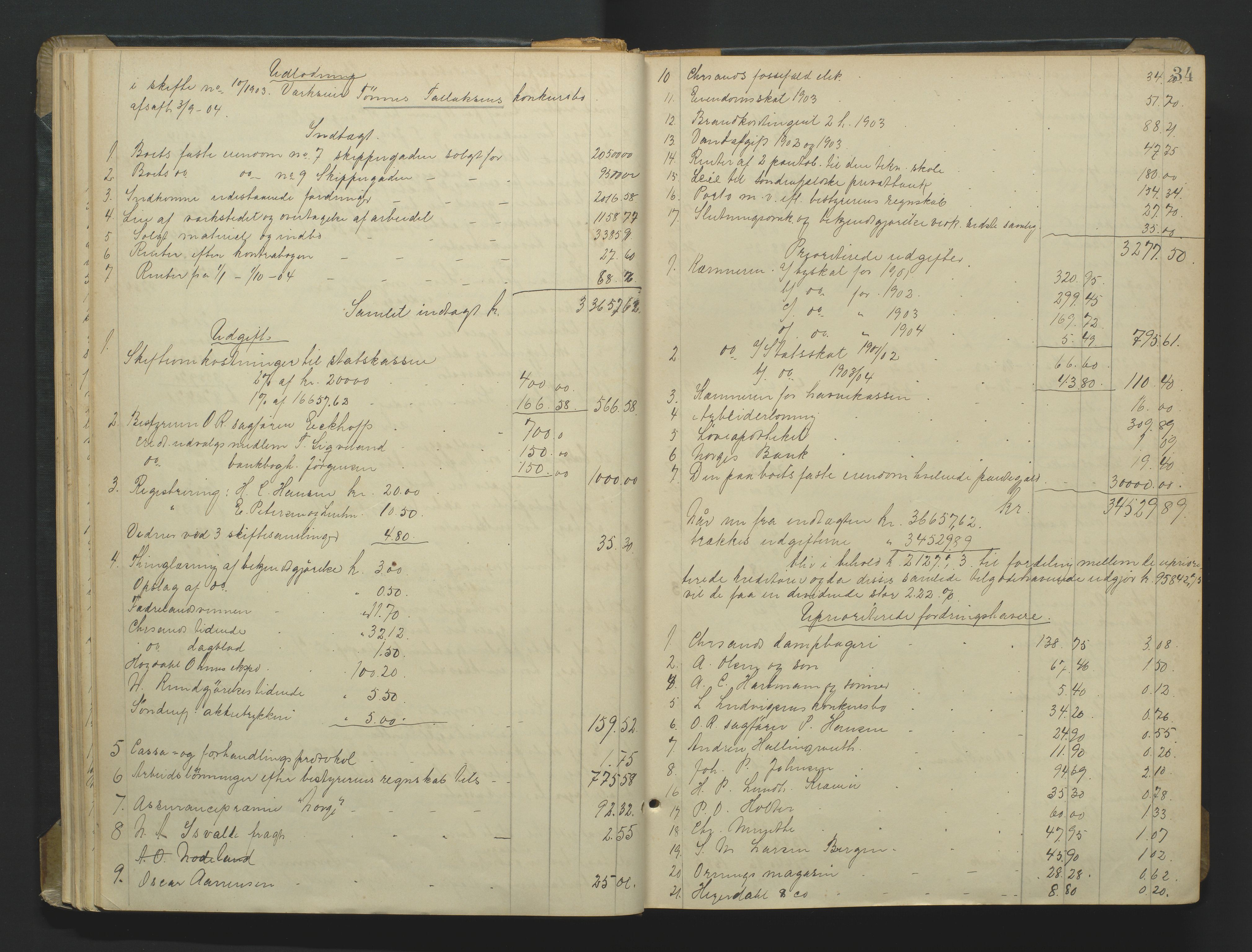 Kristiansand byrett, AV/SAK-1223-0001/H/Hc/L0060: Skifteutlodningsprotokoll nr. 6, med register, 1903-1916, p. 34