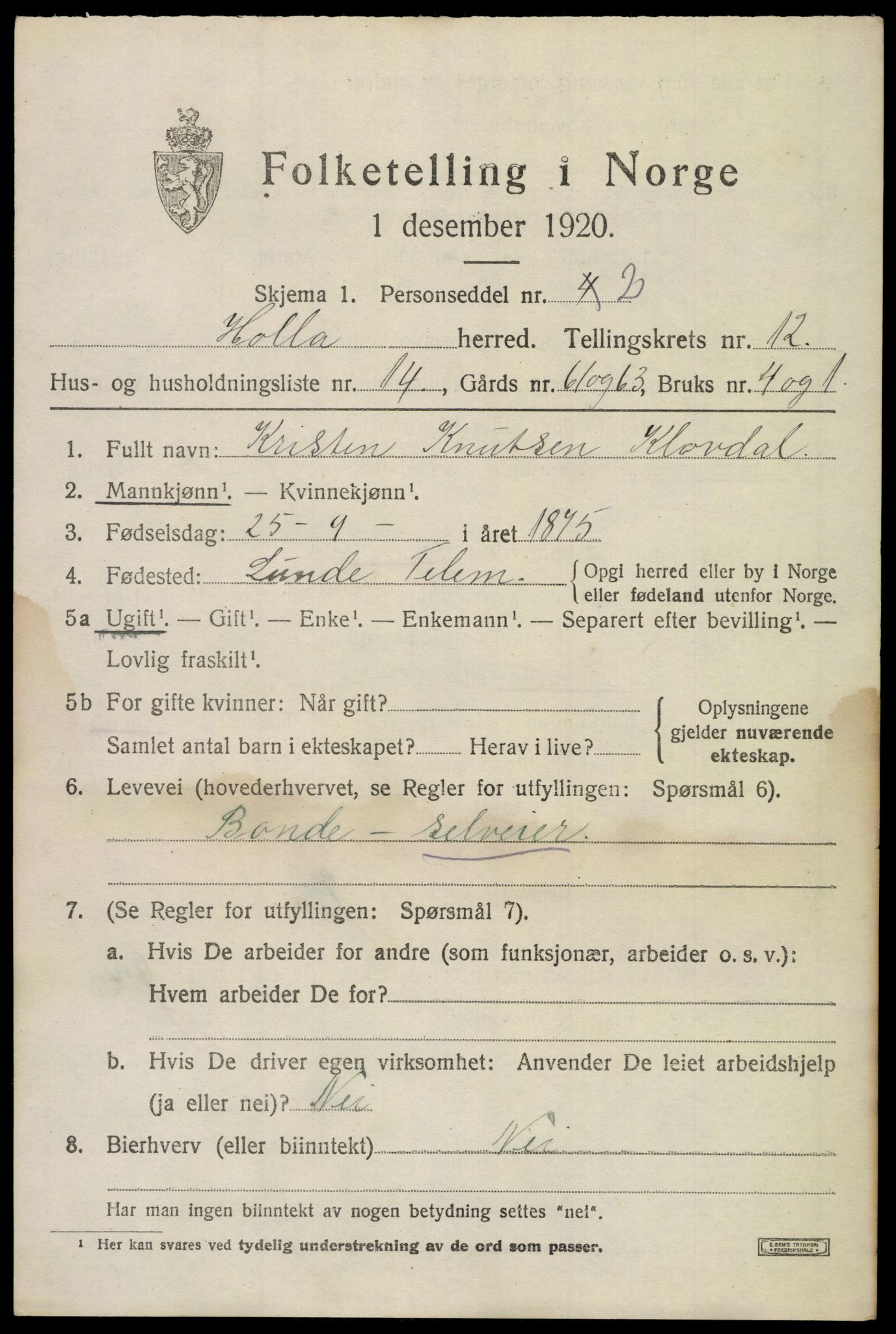 SAKO, 1920 census for Holla, 1920, p. 7583