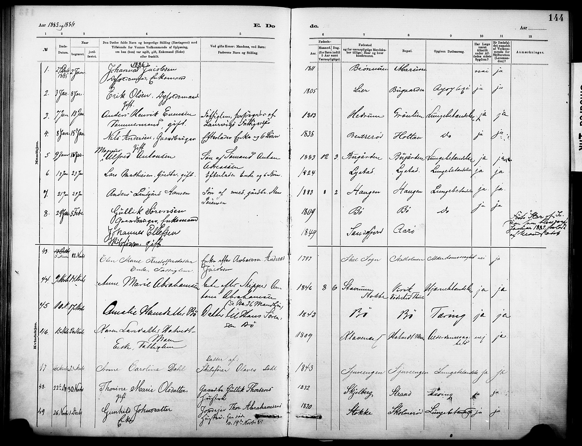 Sandar kirkebøker, SAKO/A-243/F/Fa/L0013: Parish register (official) no. 13, 1883-1895, p. 144