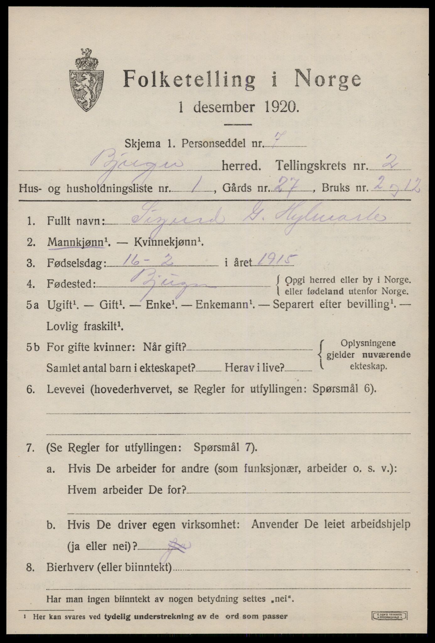 SAT, 1920 census for Bjugn, 1920, p. 1295