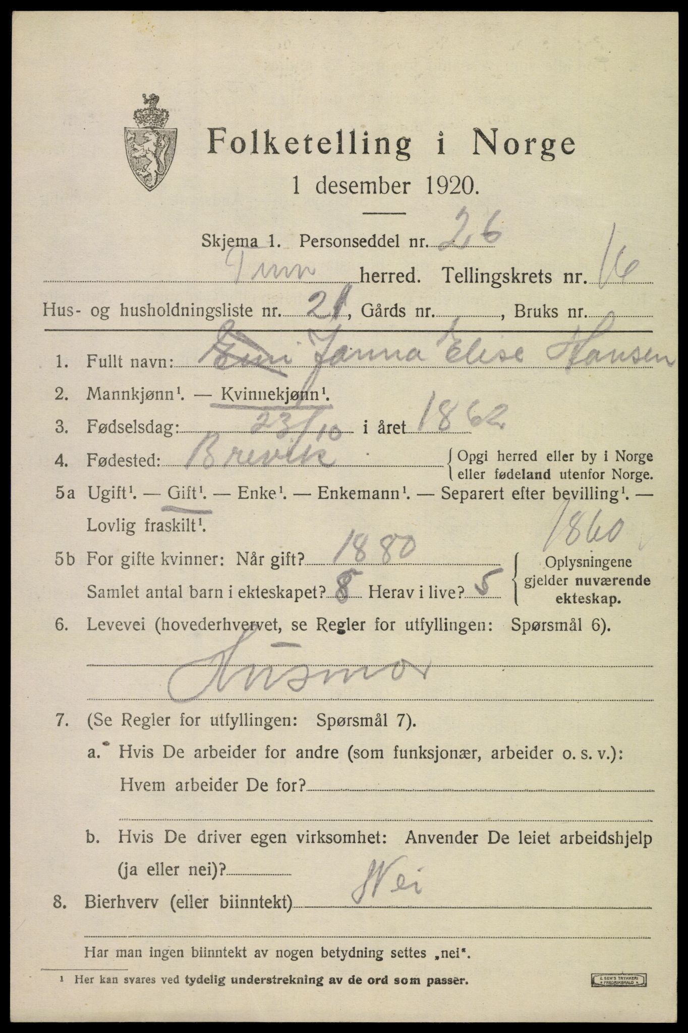 SAKO, 1920 census for Tinn, 1920, p. 16716