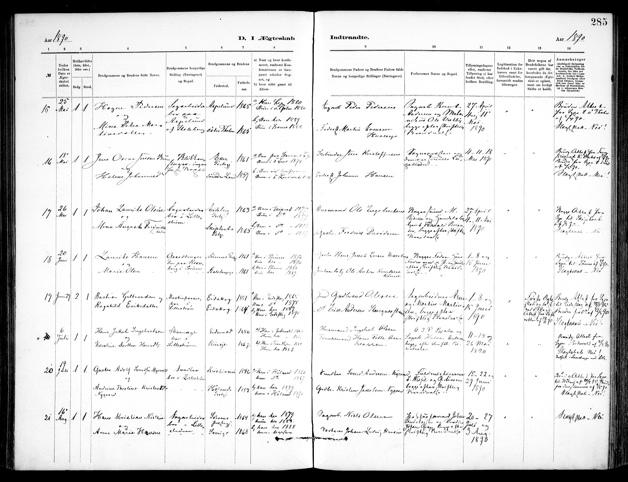 Skedsmo prestekontor Kirkebøker, SAO/A-10033a/F/Fa/L0013: Parish register (official) no. I 13, 1883-1891, p. 285