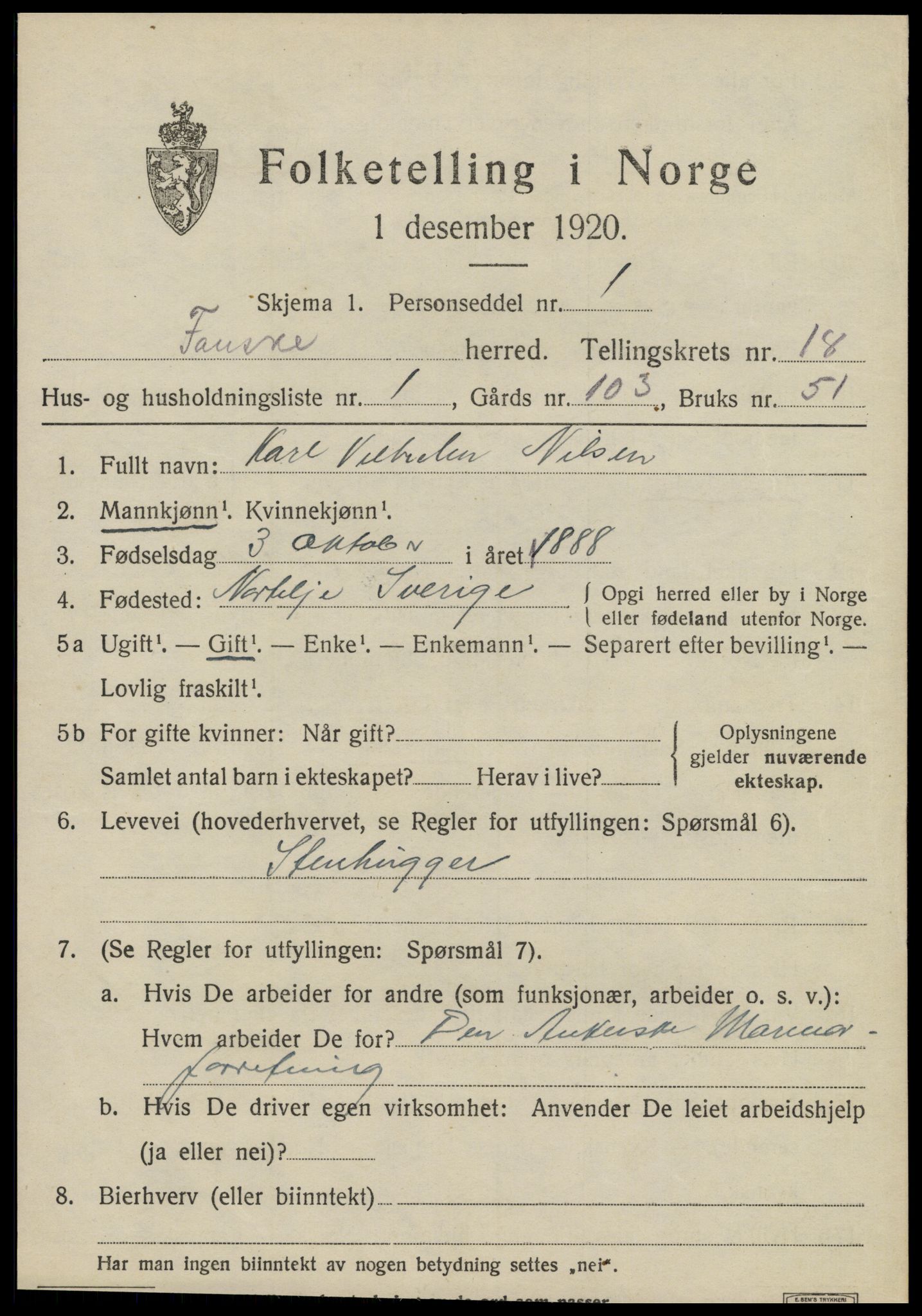 SAT, 1920 census for Fauske, 1920, p. 10818