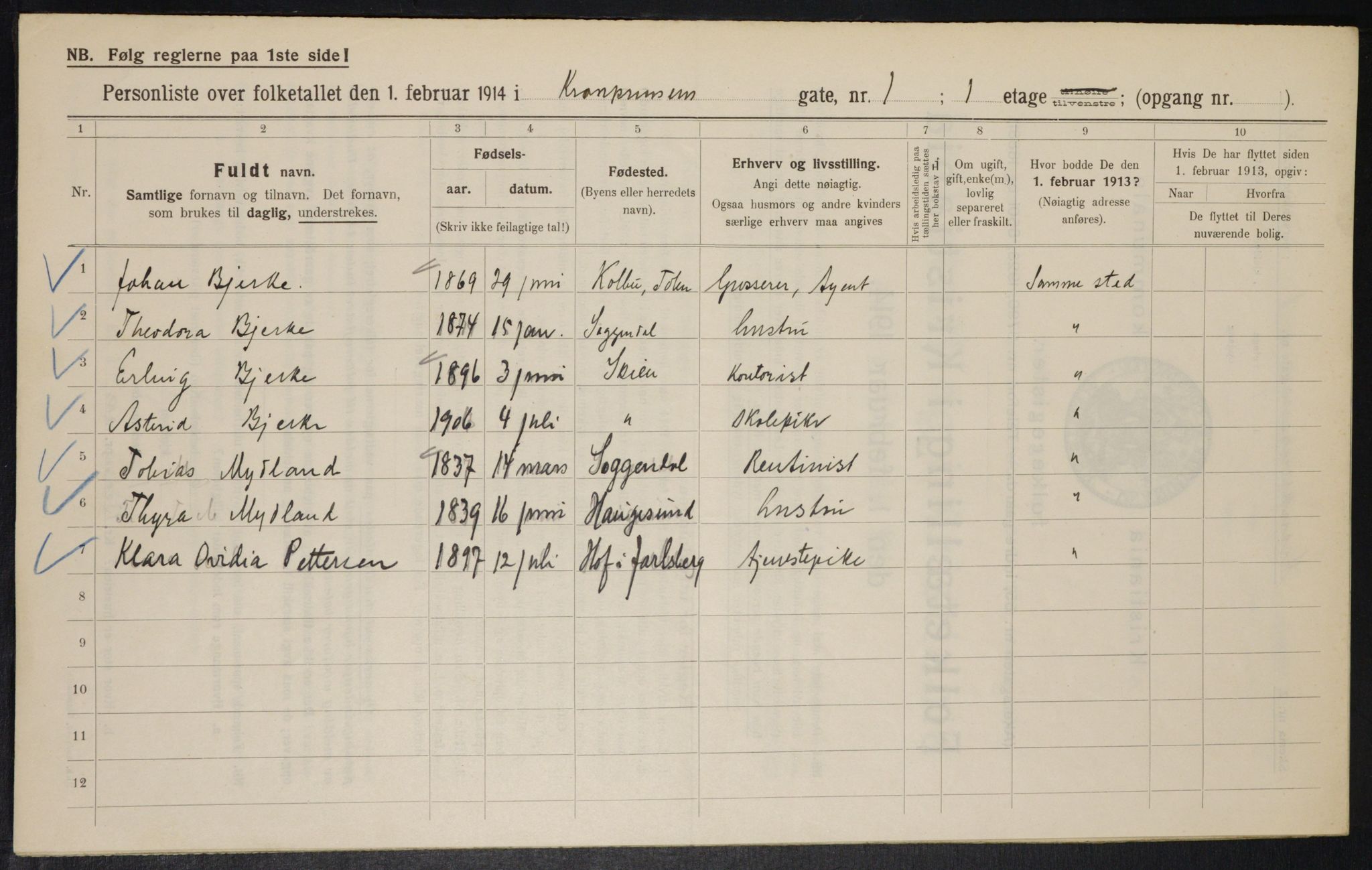 OBA, Municipal Census 1914 for Kristiania, 1914, p. 54395