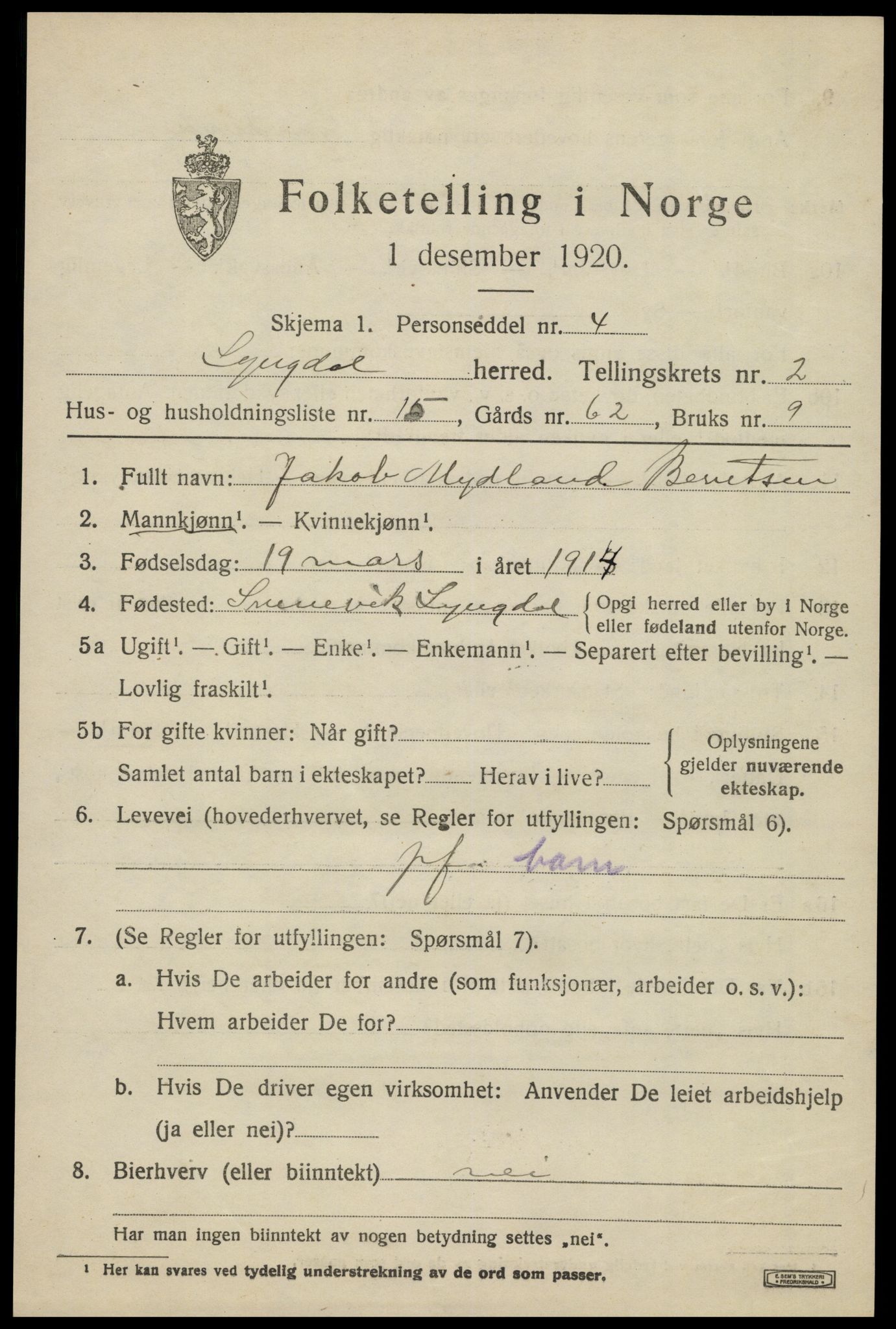 SAK, 1920 census for Lyngdal, 1920, p. 1713