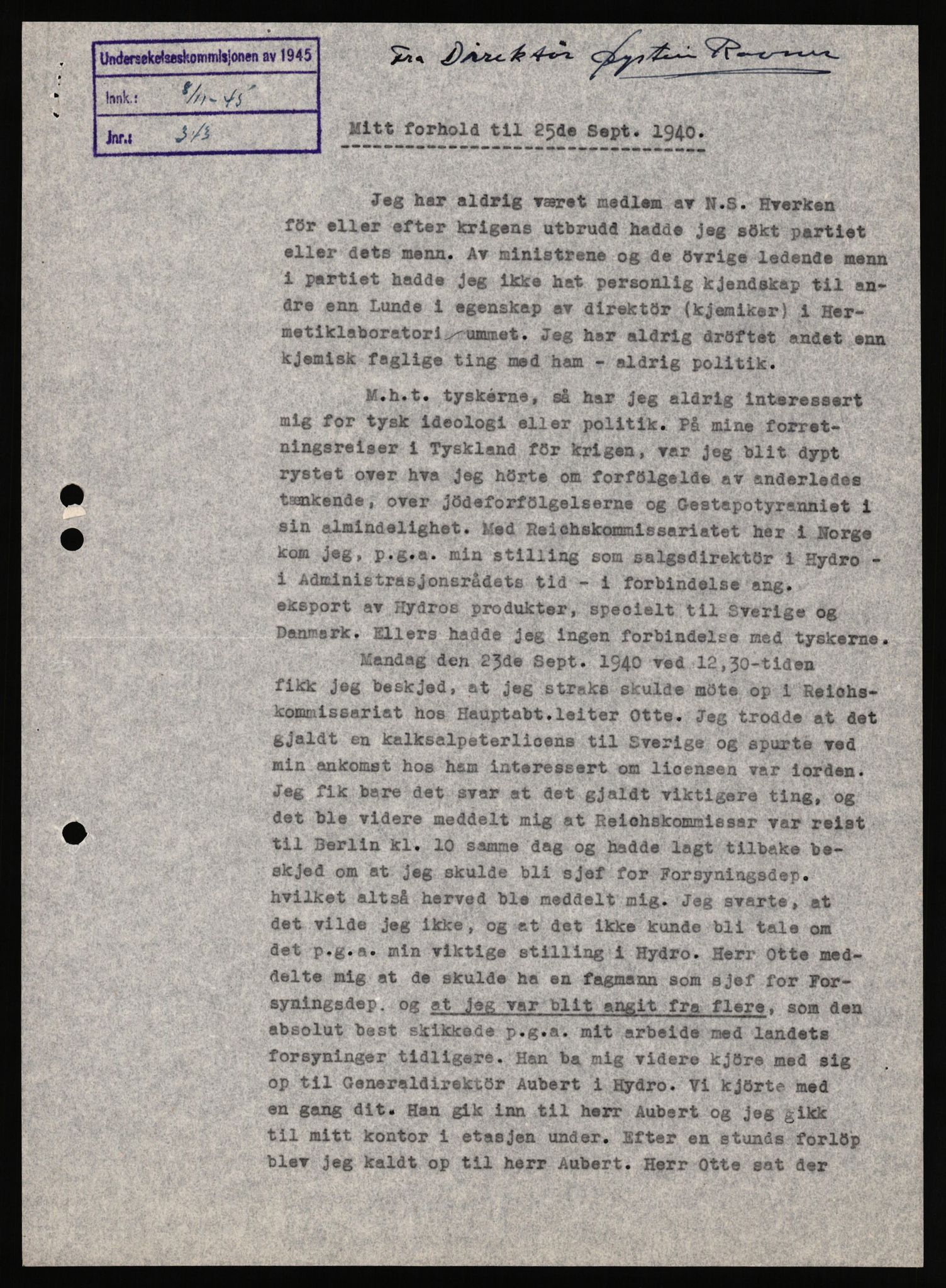 Undersøkelseskommisjonen av 1945, AV/RA-S-1566/D/Db/L0021: Ramberg - Regjeringen under krigen, 1940-1946, p. 28