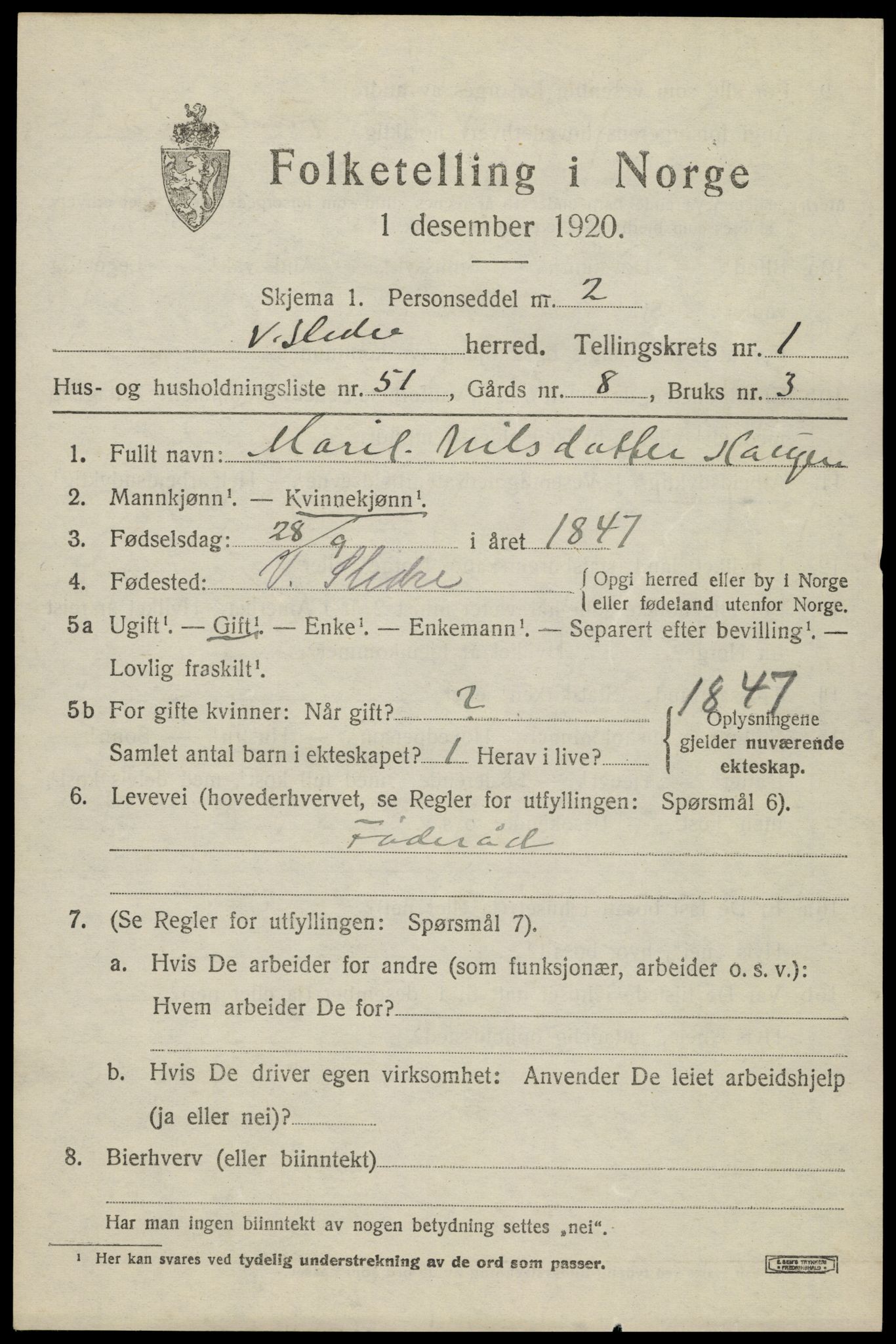 SAH, 1920 census for Vestre Slidre, 1920, p. 1540