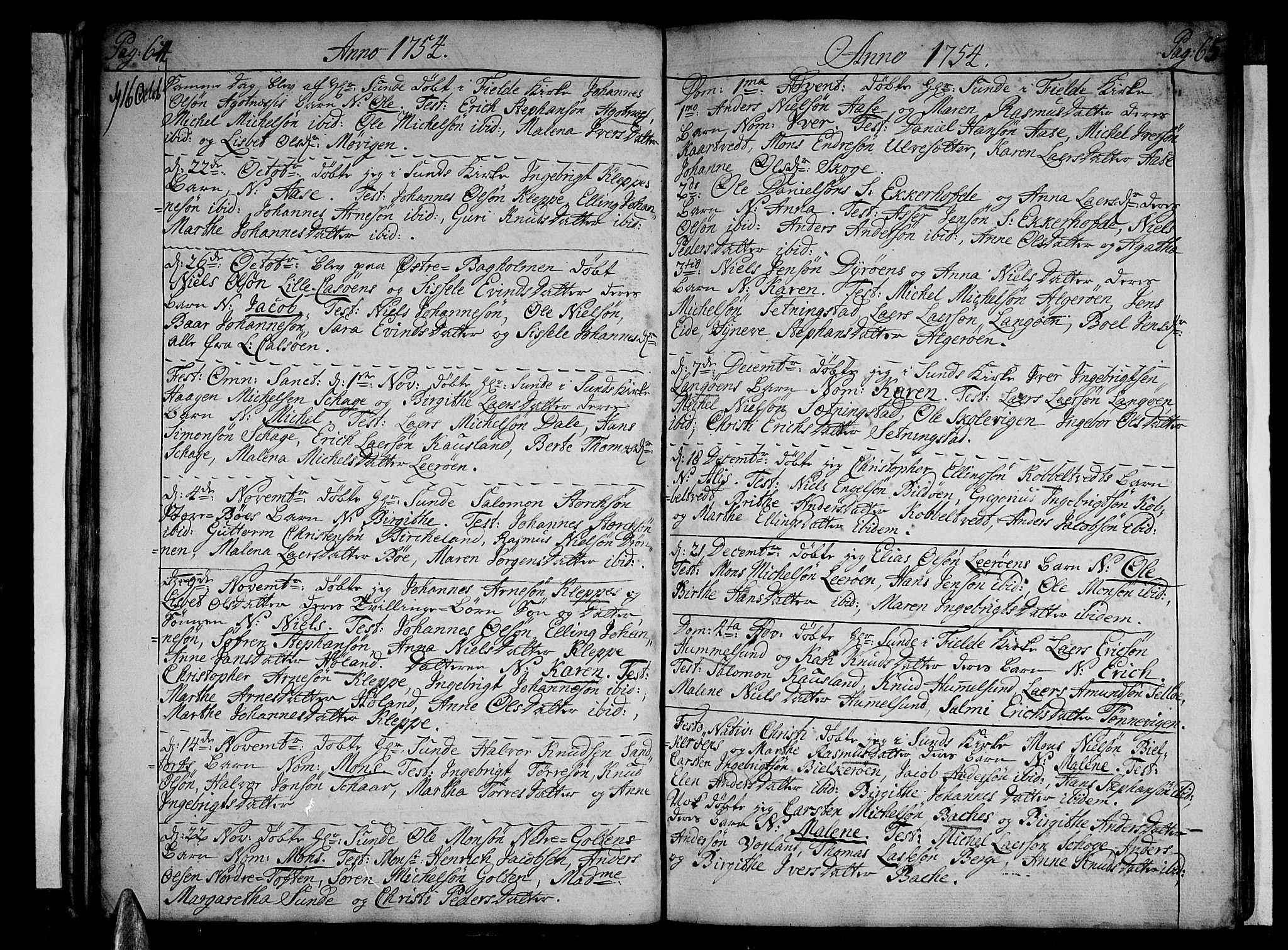 Sund sokneprestembete, AV/SAB-A-99930: Parish register (official) no. A 4, 1748-1769, p. 64-65