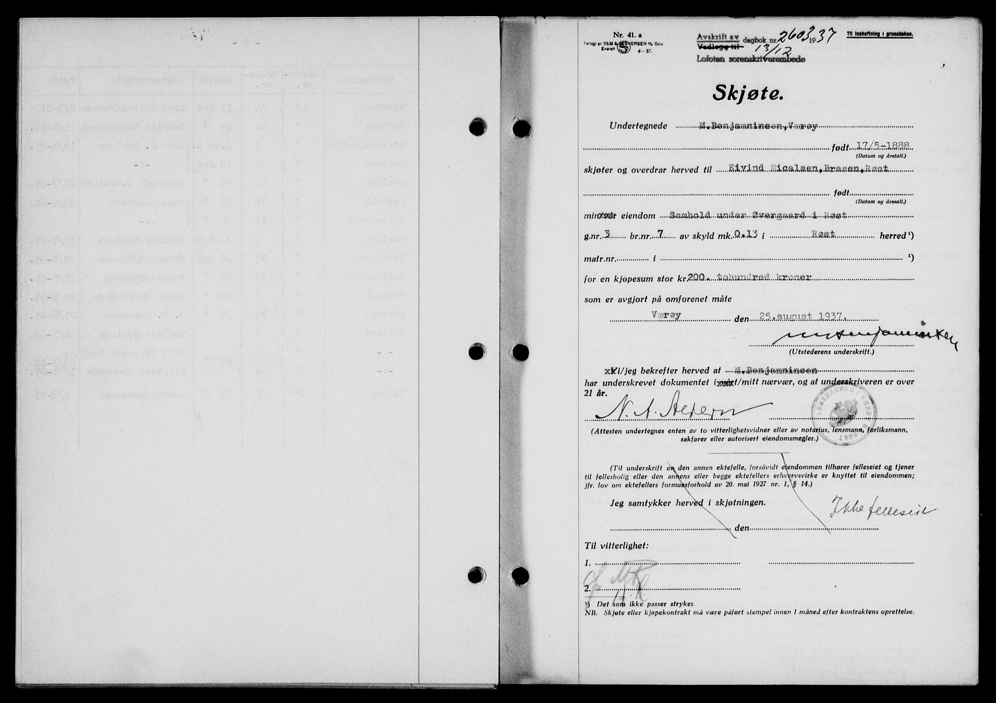 Lofoten sorenskriveri, SAT/A-0017/1/2/2C/L0003a: Mortgage book no. 3a, 1937-1938, Diary no: : 2603/1937