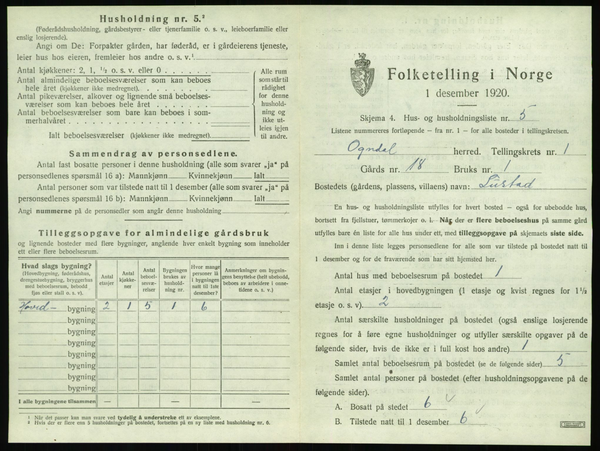 SAT, 1920 census for Ogndal, 1920, p. 41