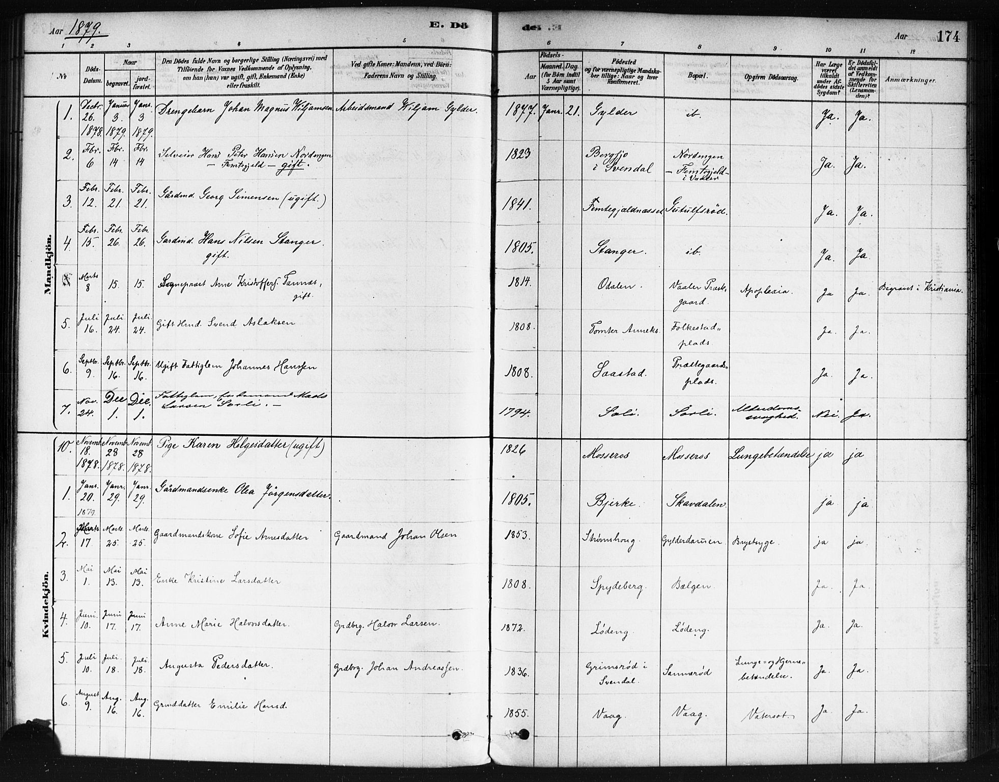 Våler prestekontor Kirkebøker, AV/SAO-A-11083/F/Fa/L0010: Parish register (official) no. I 10, 1878-1896, p. 174