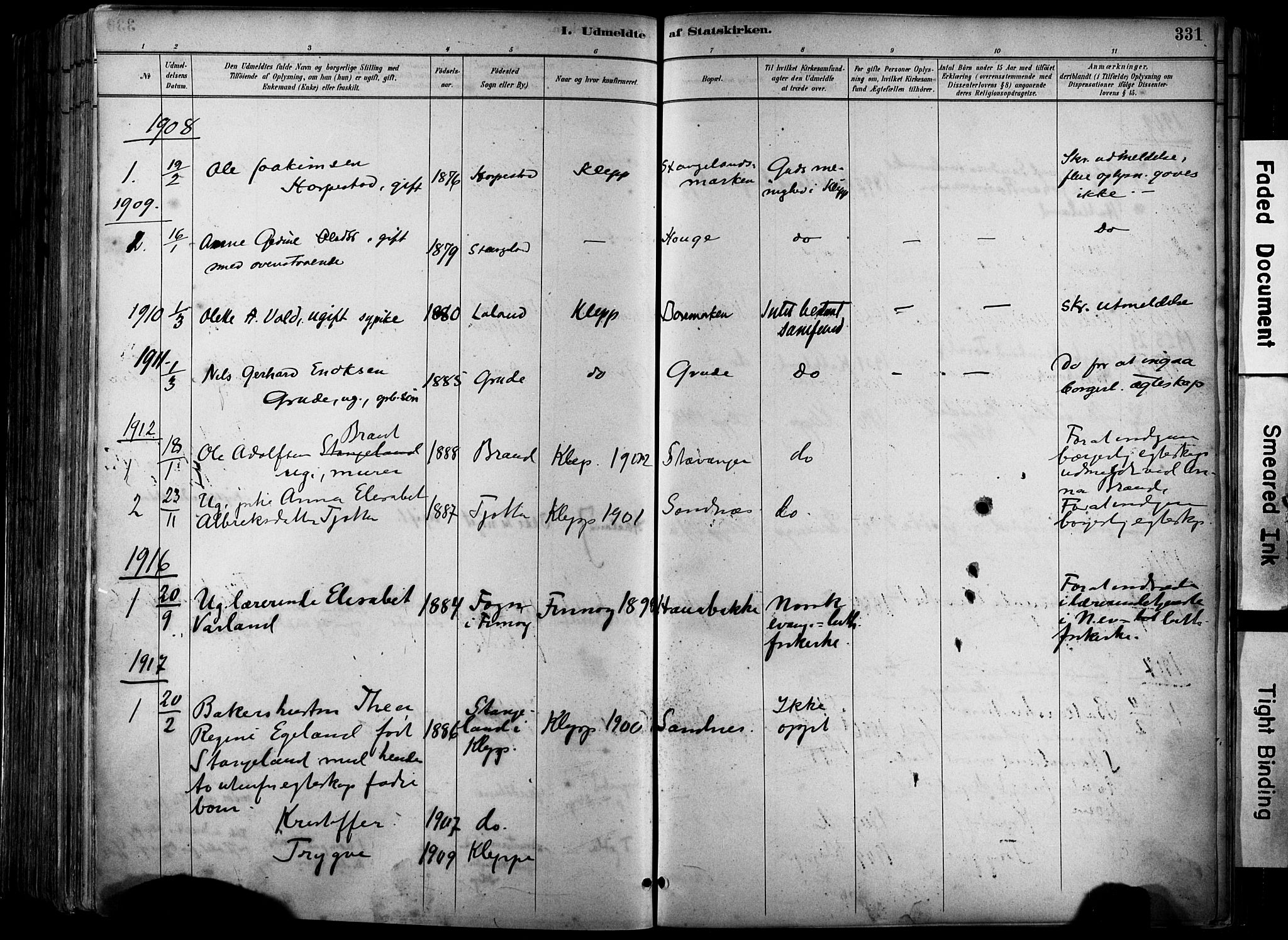 Klepp sokneprestkontor, AV/SAST-A-101803/001/3/30BA/L0009: Parish register (official) no. A 7, 1886-1915, p. 331