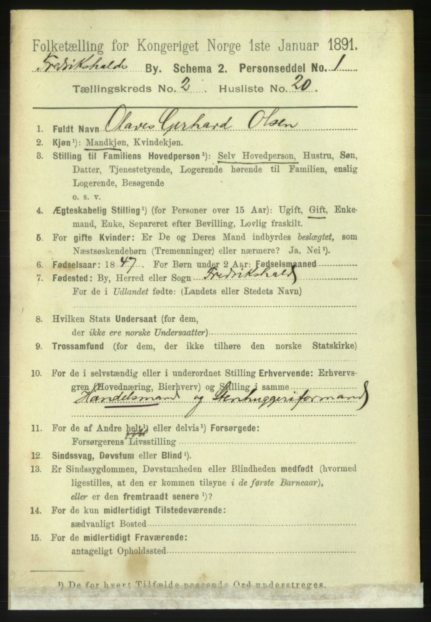 RA, 1891 census for 0101 Fredrikshald, 1891, p. 2884