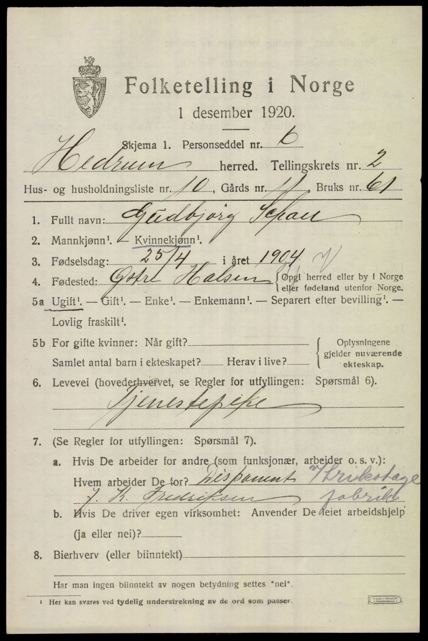 SAKO, 1920 census for Hedrum, 1920, p. 2529
