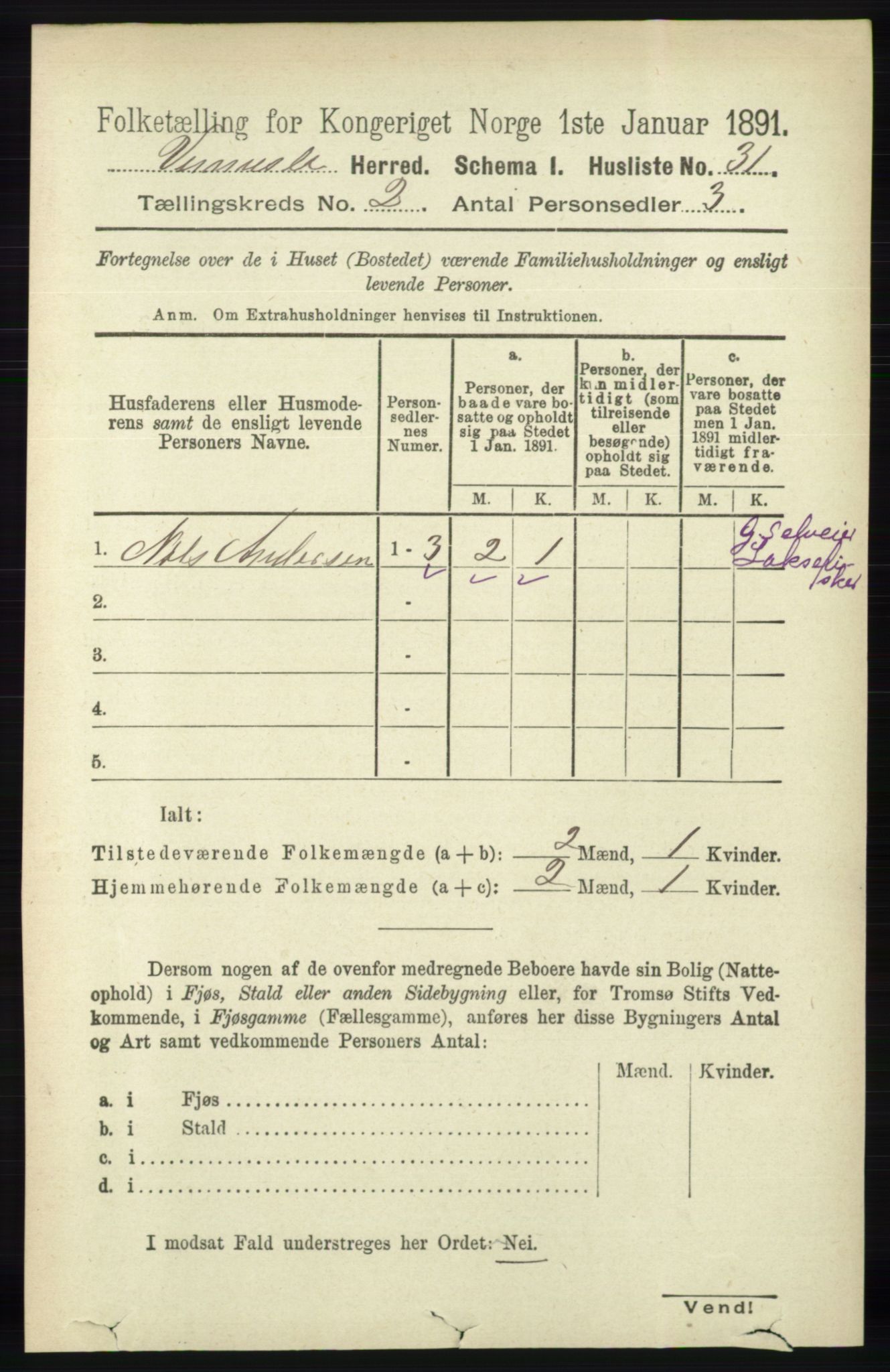 RA, 1891 census for 1014 Vennesla, 1891, p. 398