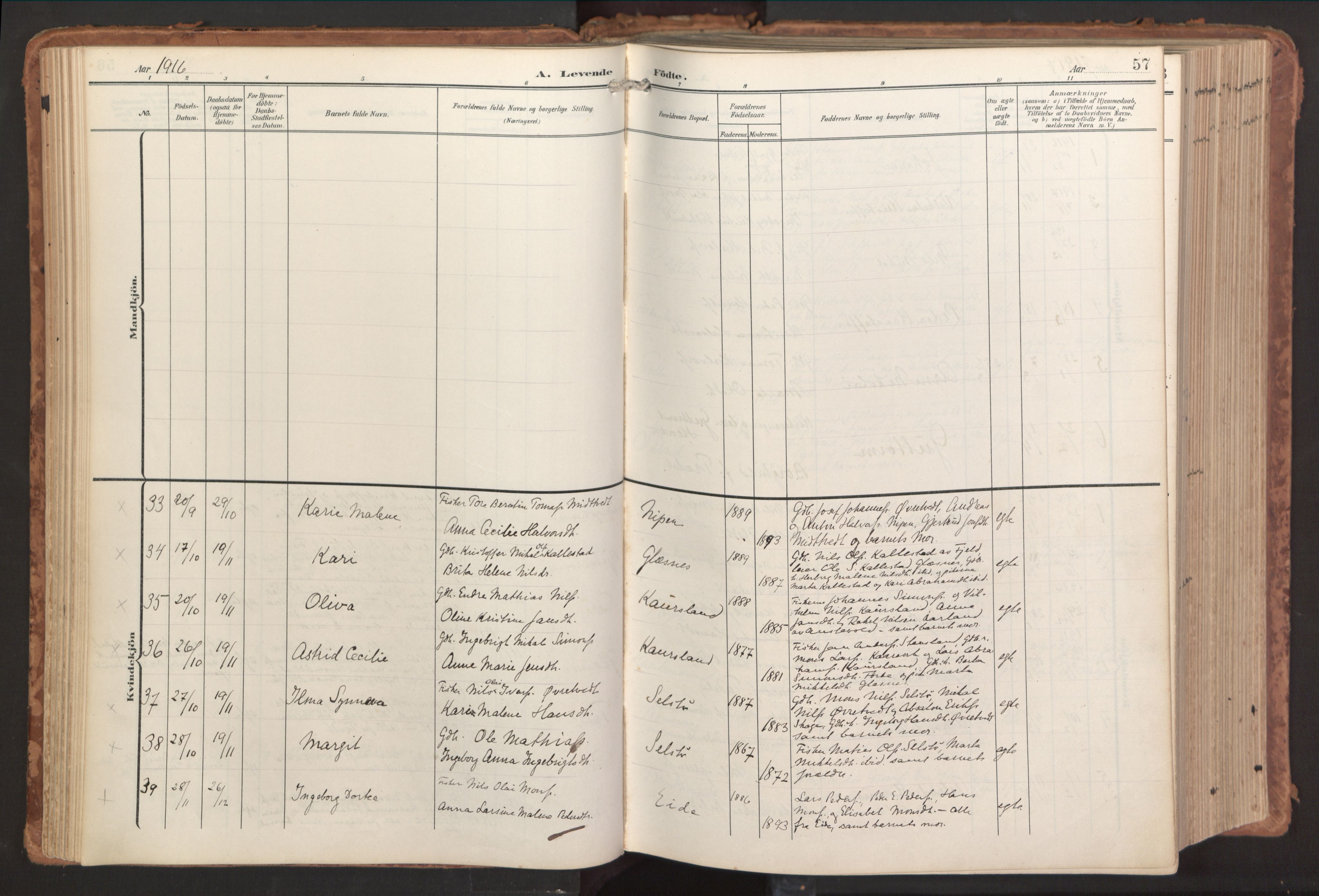 Sund sokneprestembete, AV/SAB-A-99930: Parish register (official) no. B 2, 1907-1926, p. 57