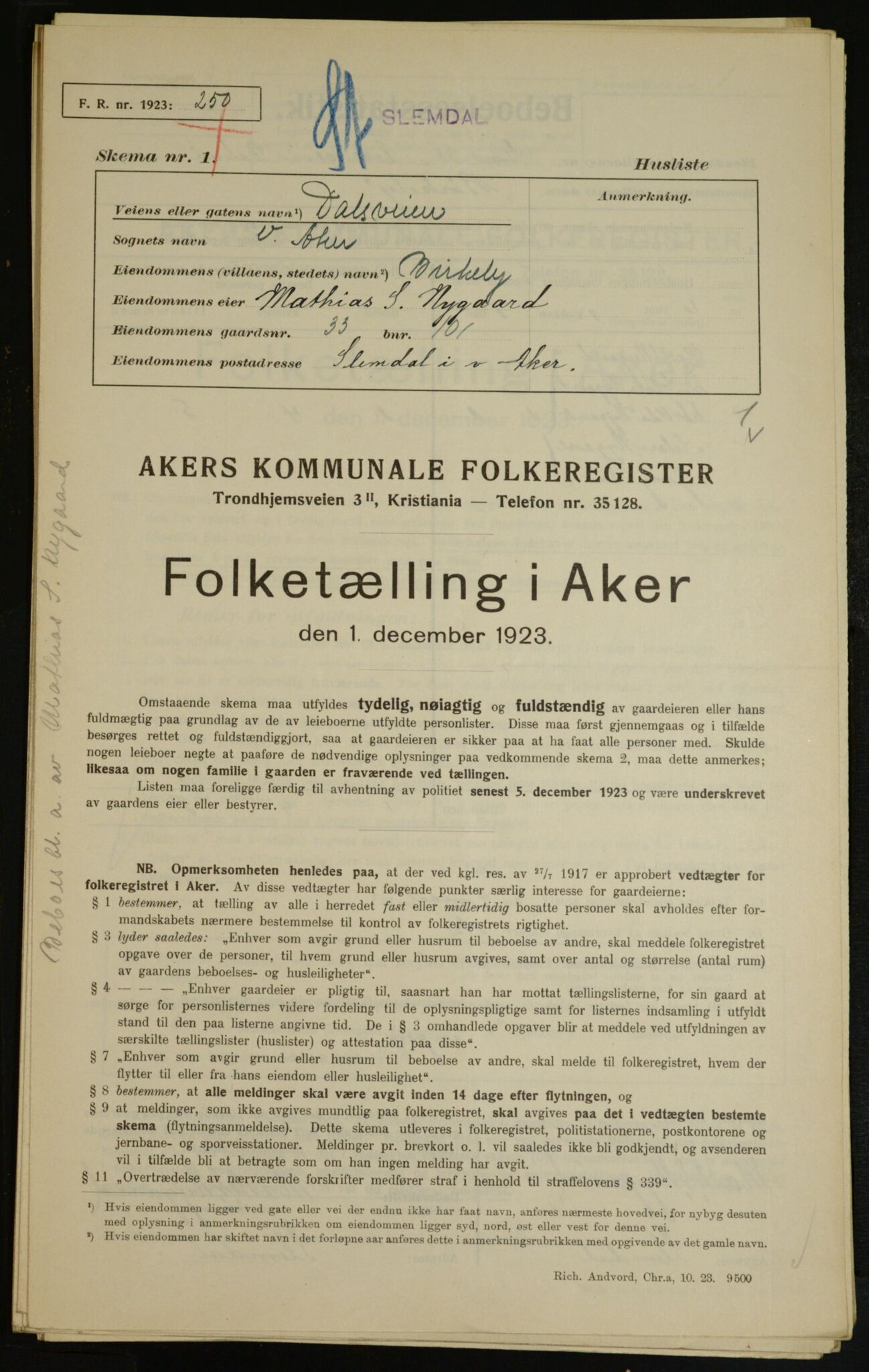 , Municipal Census 1923 for Aker, 1923, p. 8862