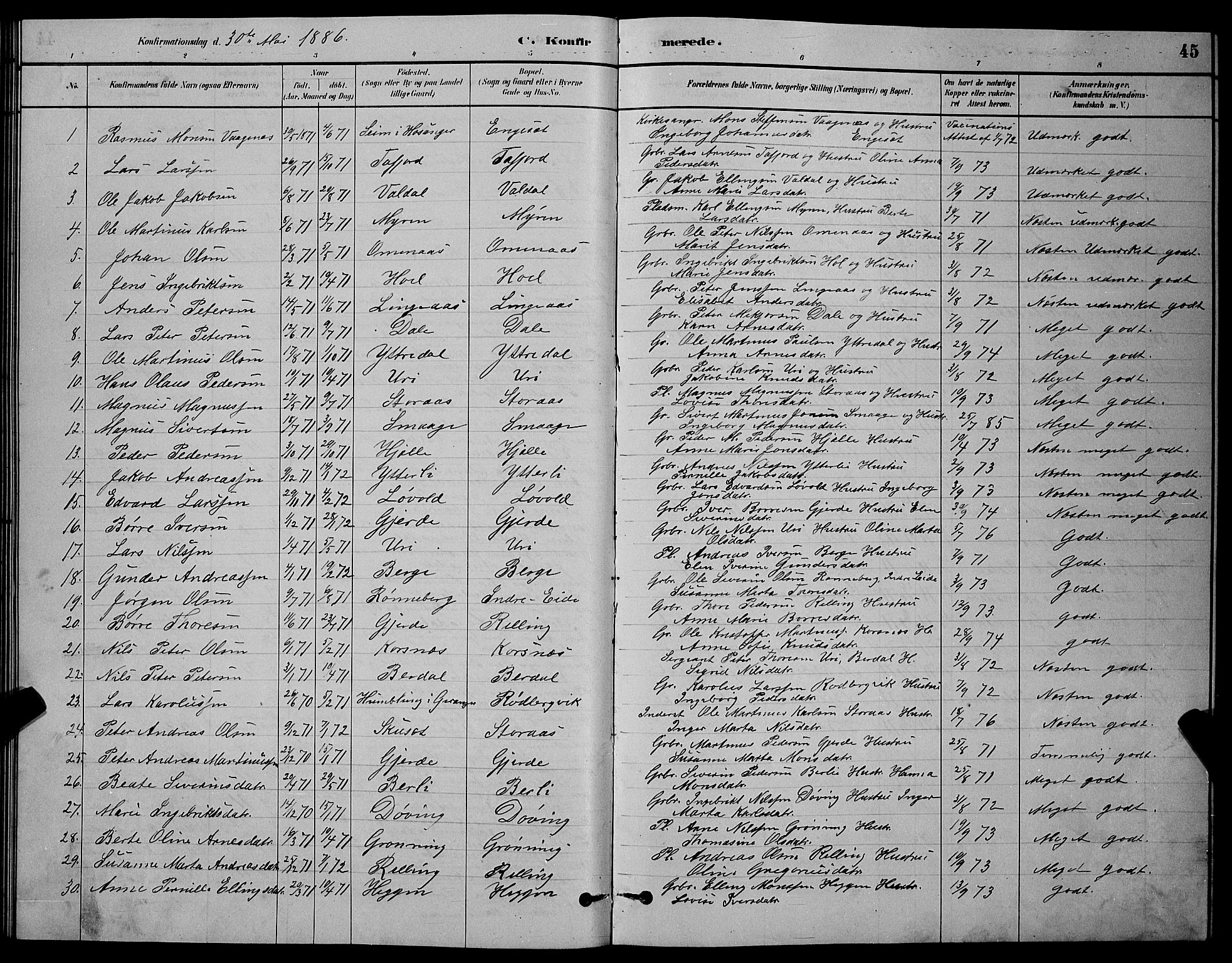 Ministerialprotokoller, klokkerbøker og fødselsregistre - Møre og Romsdal, AV/SAT-A-1454/519/L0263: Parish register (copy) no. 519C04, 1885-1892, p. 45