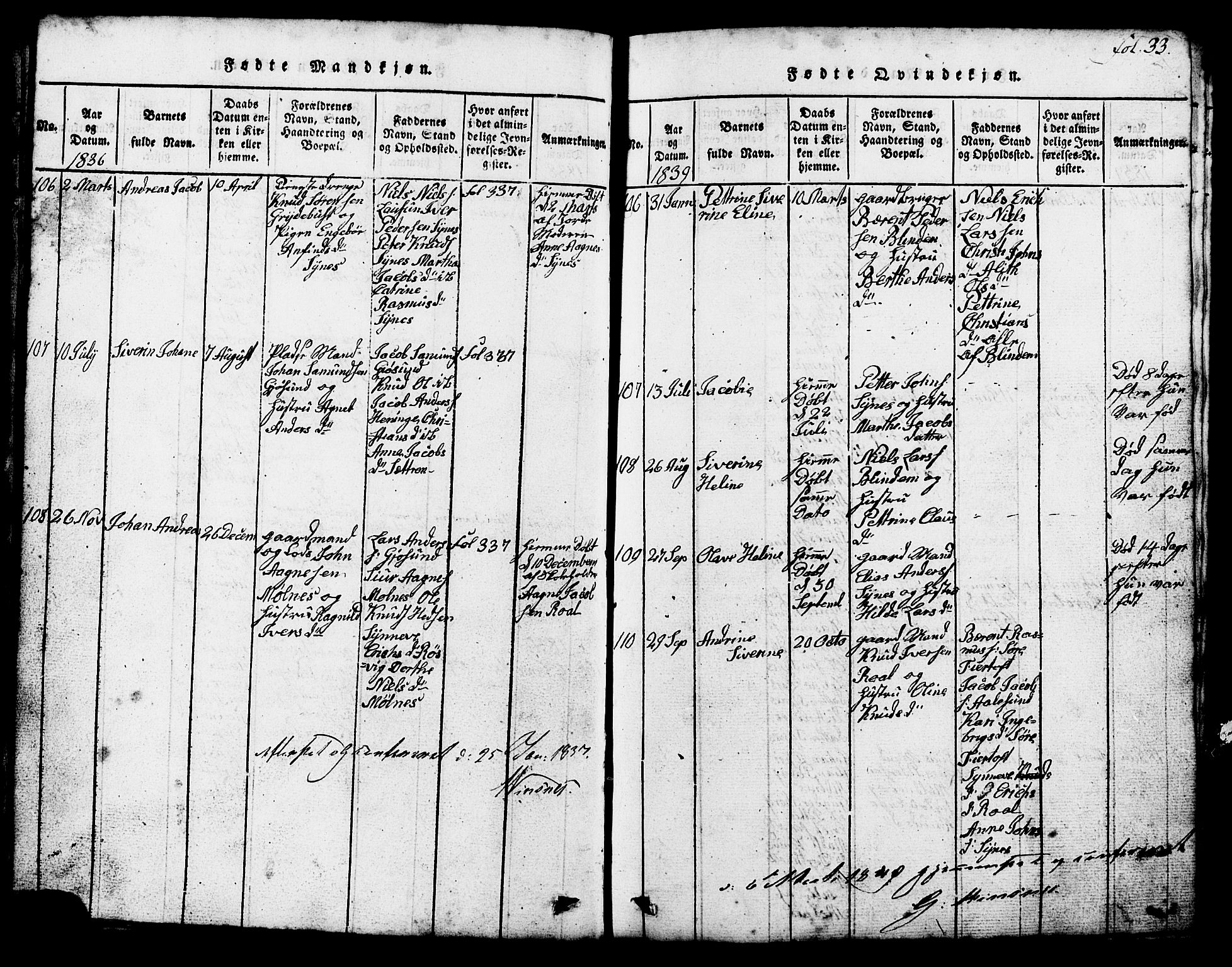 Ministerialprotokoller, klokkerbøker og fødselsregistre - Møre og Romsdal, SAT/A-1454/537/L0520: Parish register (copy) no. 537C01, 1819-1868, p. 33