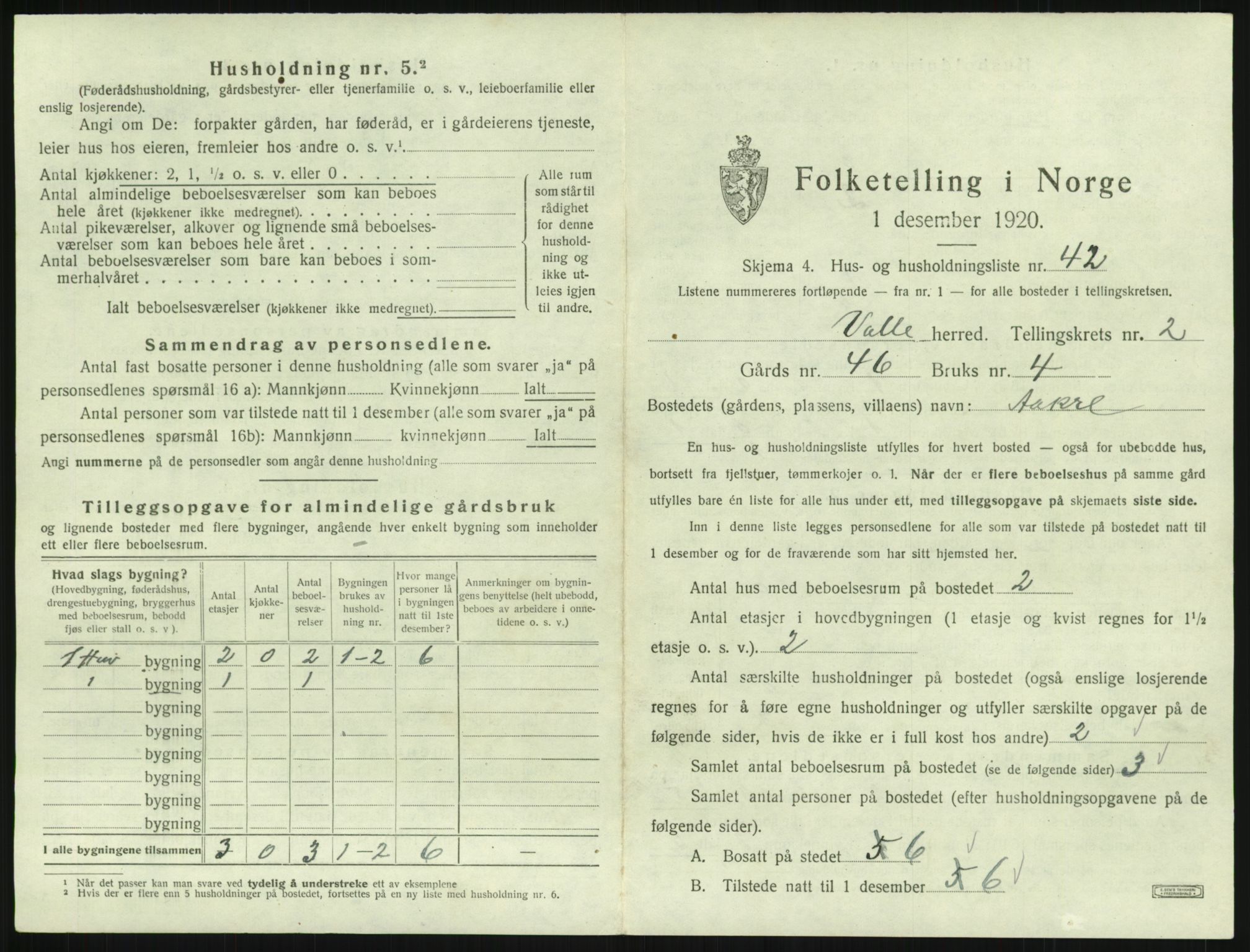 SAK, 1920 census for Valle, 1920, p. 199