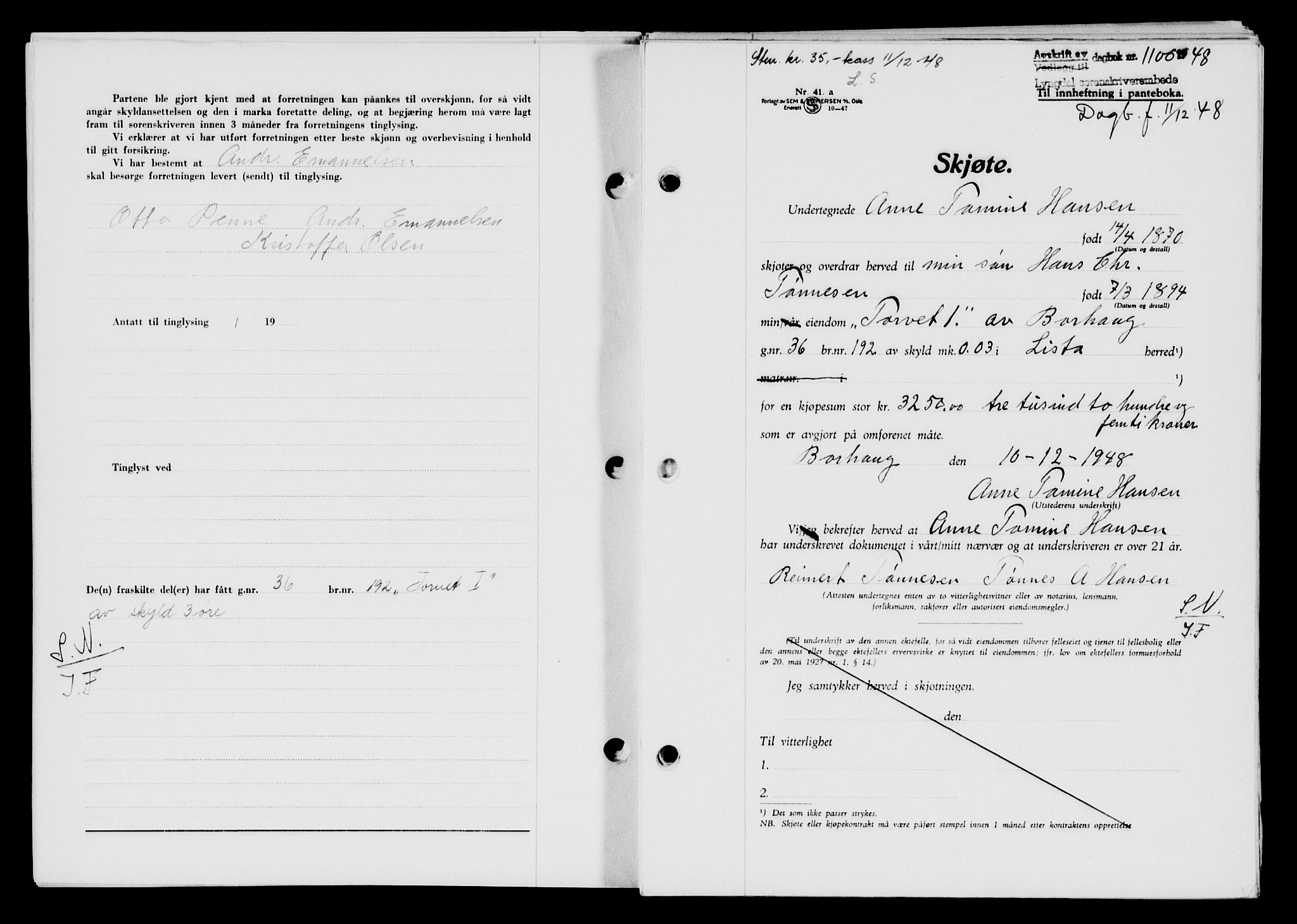 Lyngdal sorenskriveri, AV/SAK-1221-0004/G/Gb/L0663: Mortgage book no. A IX, 1948-1949, Diary no: : 1100/1948