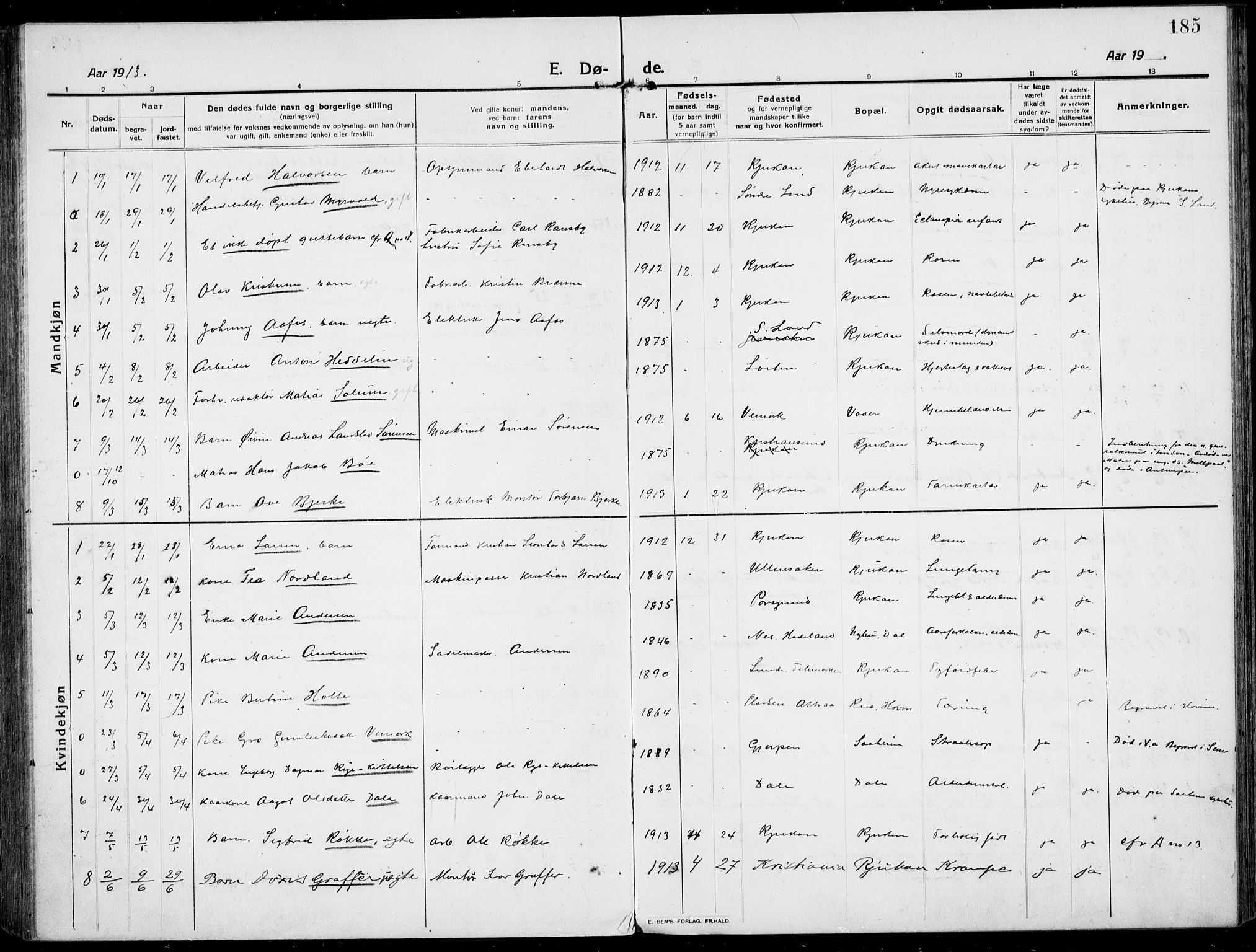 Rjukan kirkebøker, SAKO/A-294/F/Fa/L0002: Parish register (official) no. 2, 1912-1917, p. 185