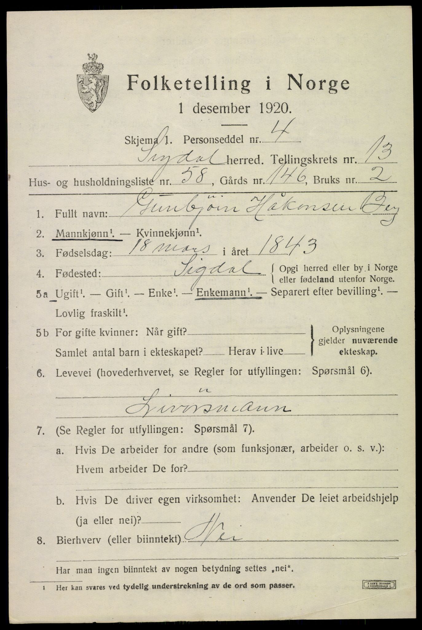 SAKO, 1920 census for Sigdal, 1920, p. 8646