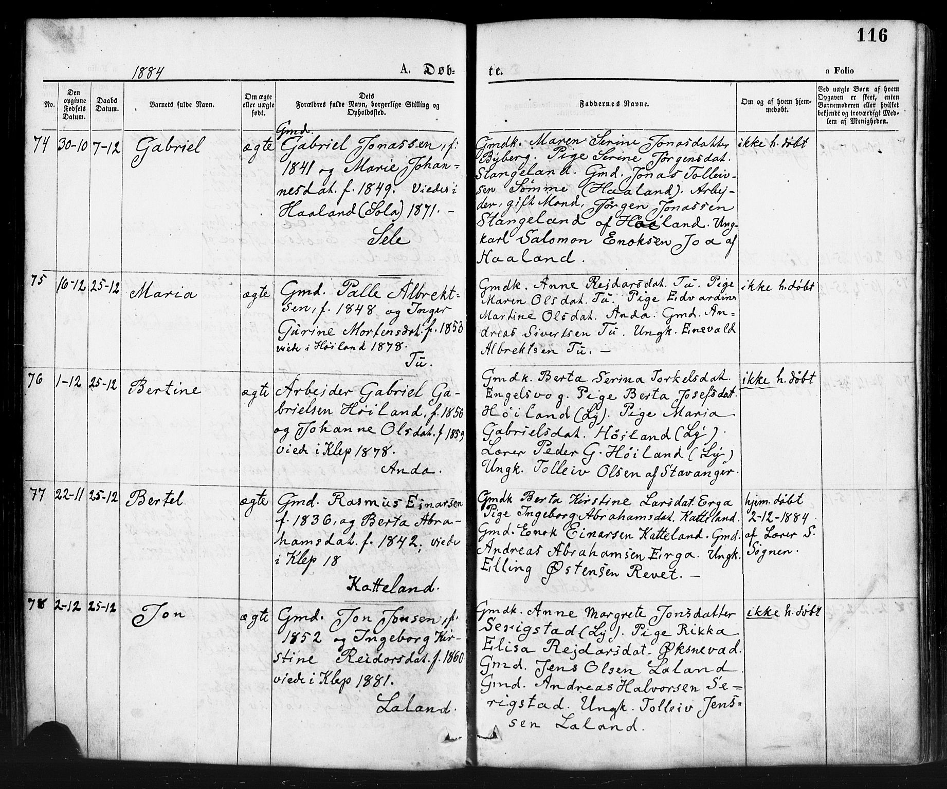 Klepp sokneprestkontor, SAST/A-101803/001/3/30BA/L0006: Parish register (official) no. A 6, 1871-1885, p. 116