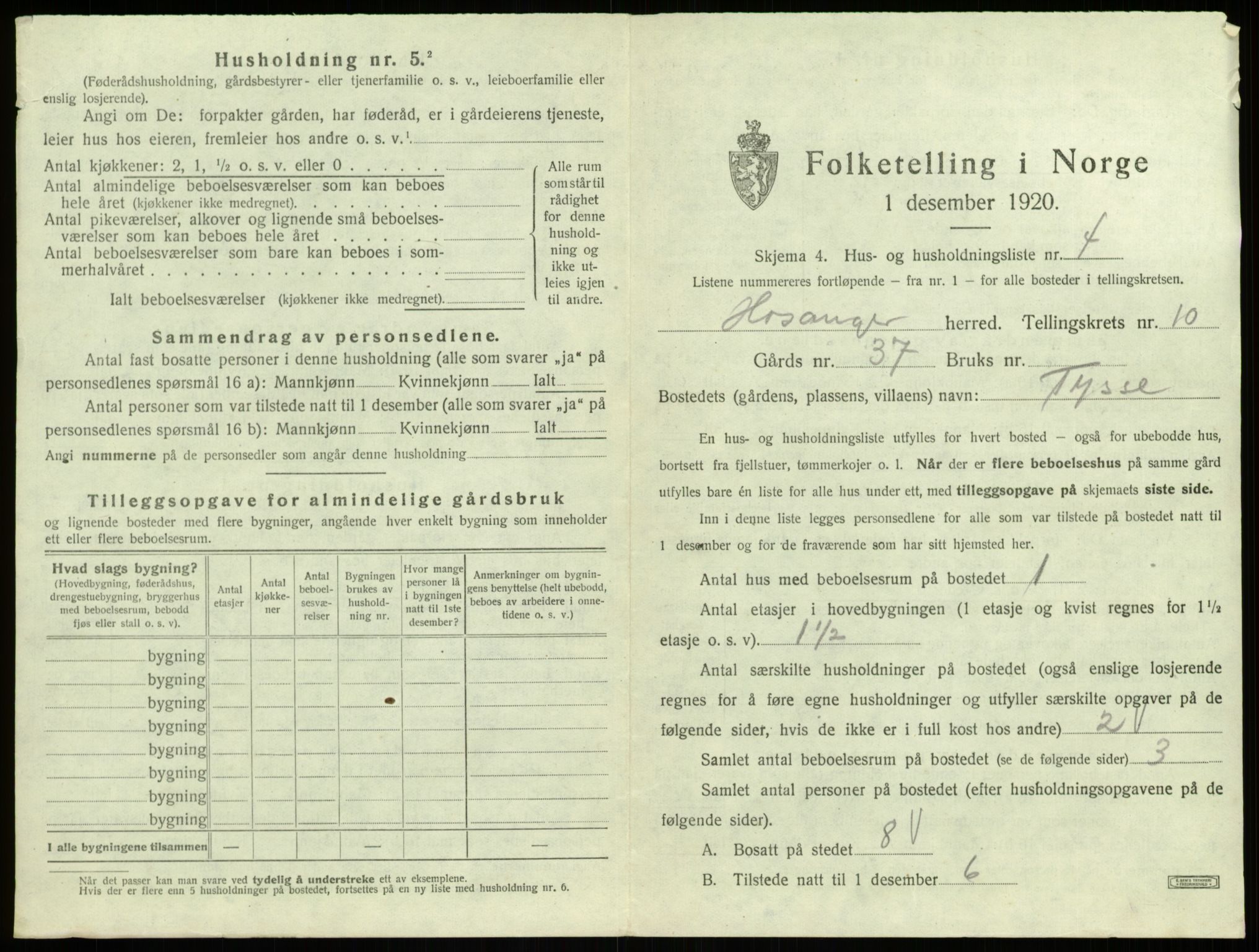 SAB, 1920 census for Hosanger, 1920, p. 544