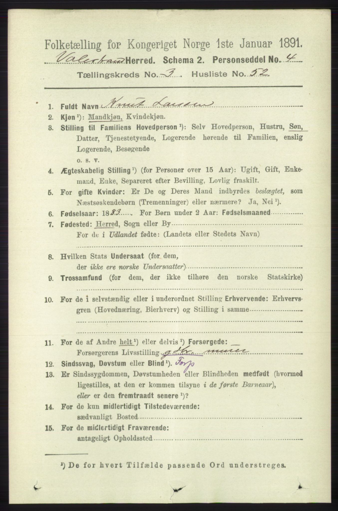 RA, 1891 census for 1217 Valestrand, 1891, p. 825