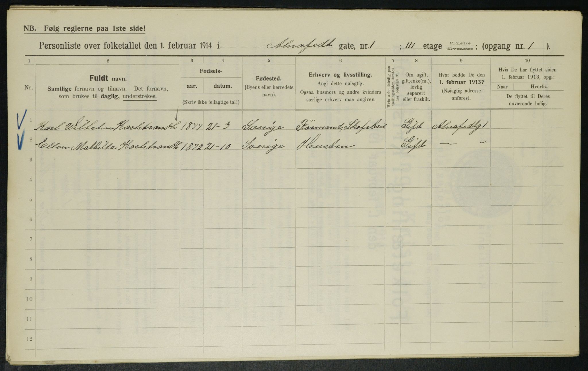 OBA, Municipal Census 1914 for Kristiania, 1914, p. 1026